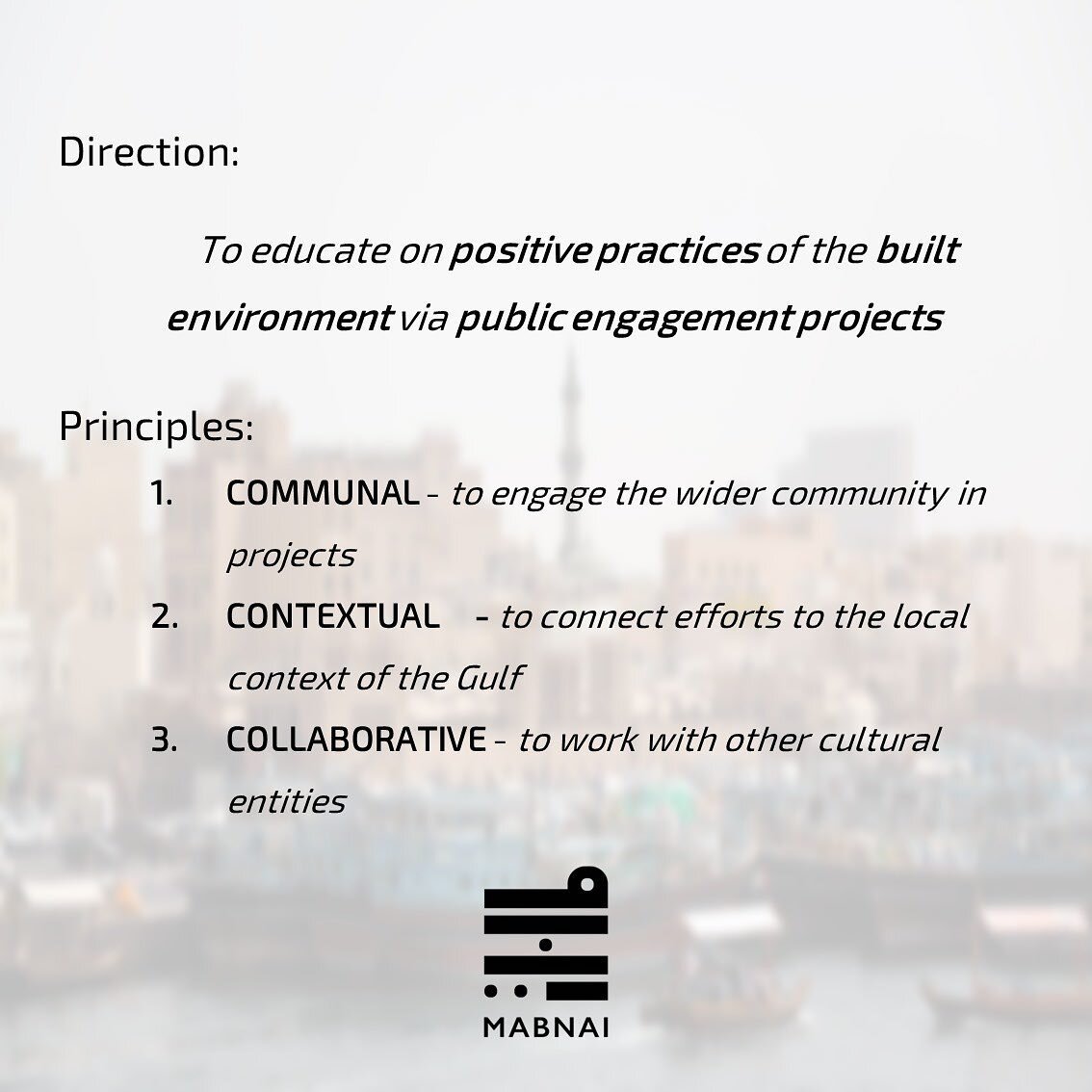 MABNAI aims to educate on positive practices of the built environment (e.g., architecture, urban planning/design, archival history) via public engagement projects (e.g., exhibitions, research initiatives, symposiums)

MABNAI is built on three essenti