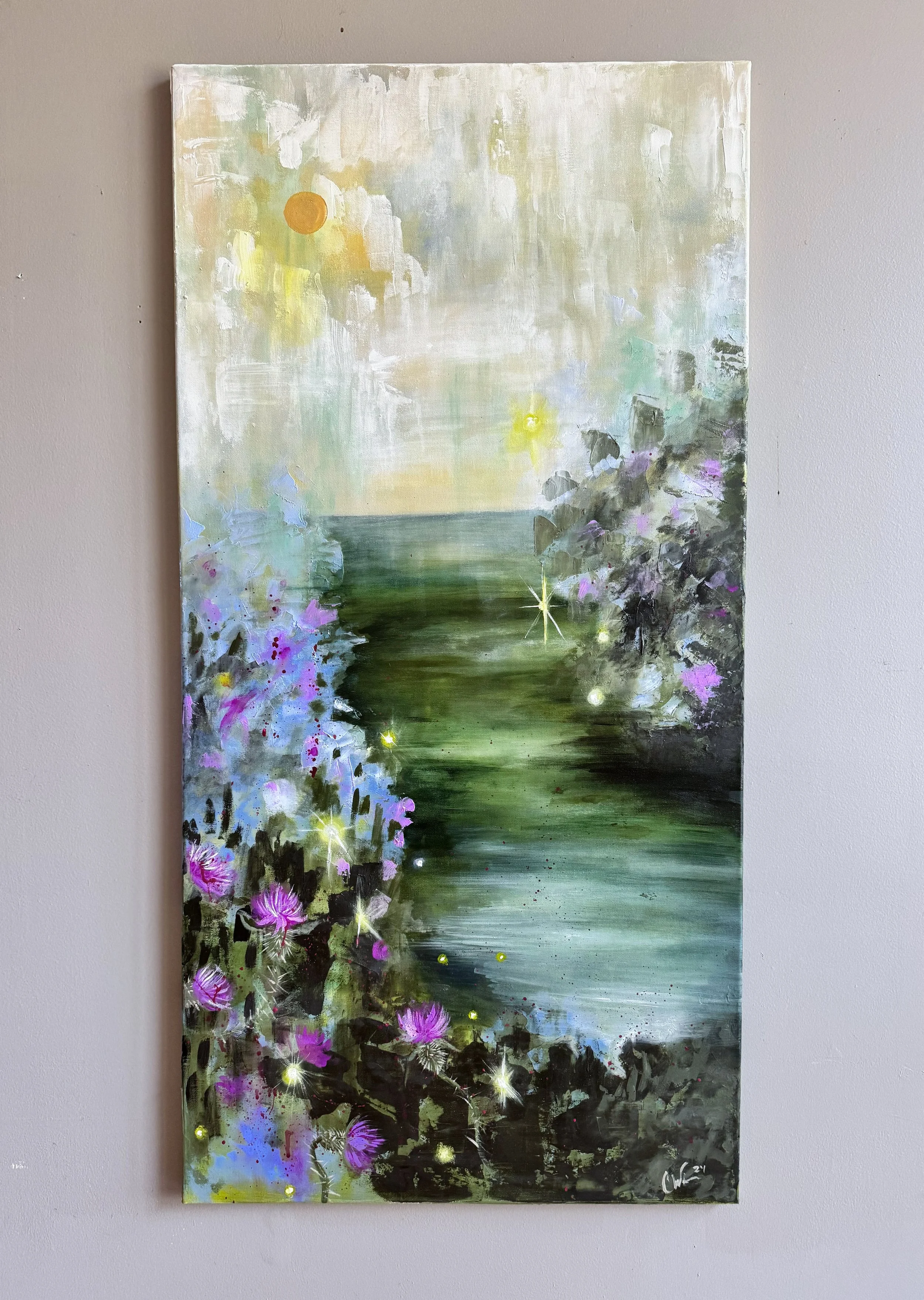 Abstract painting with a landscape scene featuring a green river or path surrounded by colorful flowers, including purple and pink blooms, against a cloudy sky with a sun. Whimsical stars and light effects are scattered throughout.