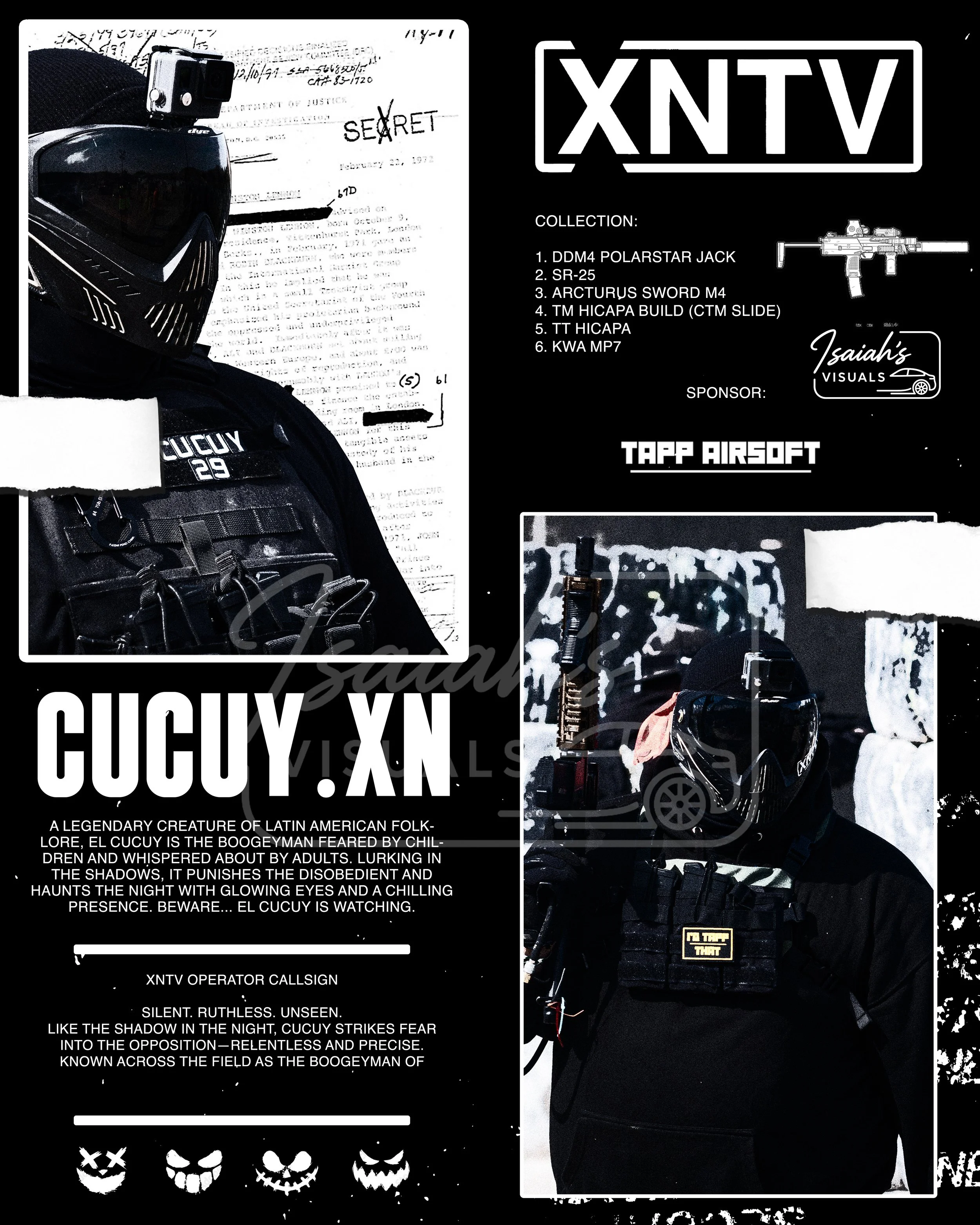 This character poster introduces CUCUY.XN, blending myth and menace into a stylized, high-contrast design. Inspired by Latin American folklore, the layout reflects the legend of El Cucuy, an unseen predator feared in silence. With layered textures, h