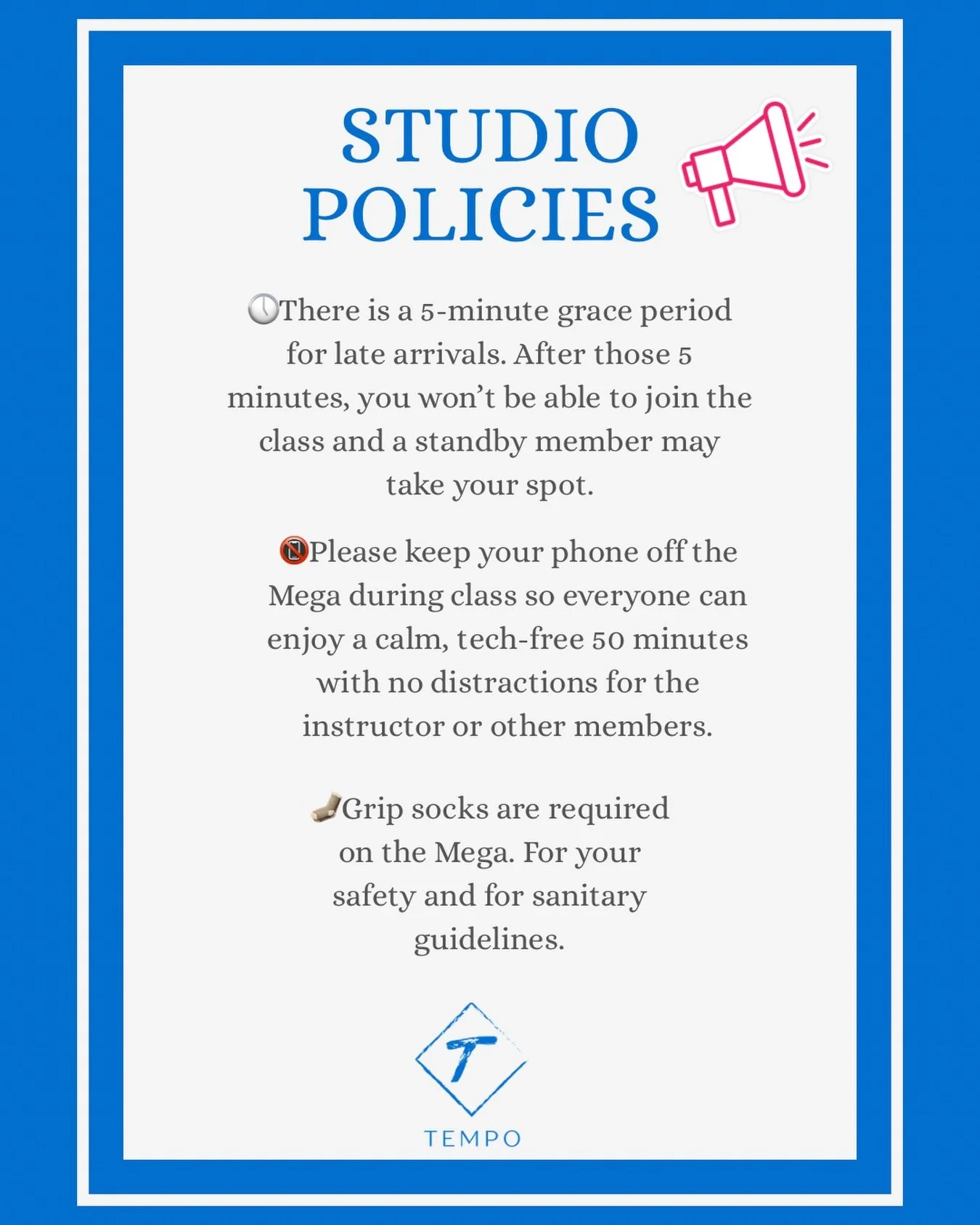 📣 We appreciate you taking the time to refresh on our studio policies and updates. 

✨ Our late policy grants you a 5 minute window after class starts. Lately, there have been frequent late comers. This is a distraction to members and our instructor