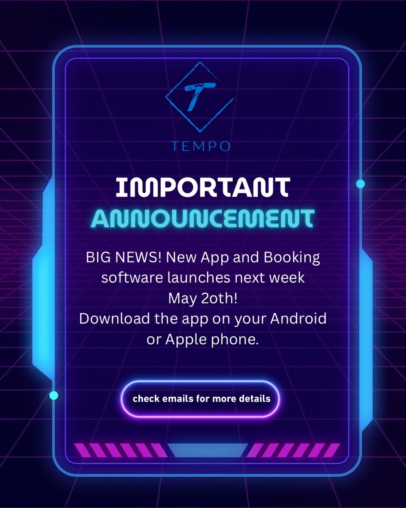What you need to know 📣 
New booking  platform will launch next Wednesday 5/20. The evening of Tuesday the 19th our current app and booking website will shut down as the final migration takes place. 
On launch day- Wednesday 5/20-you will receive an