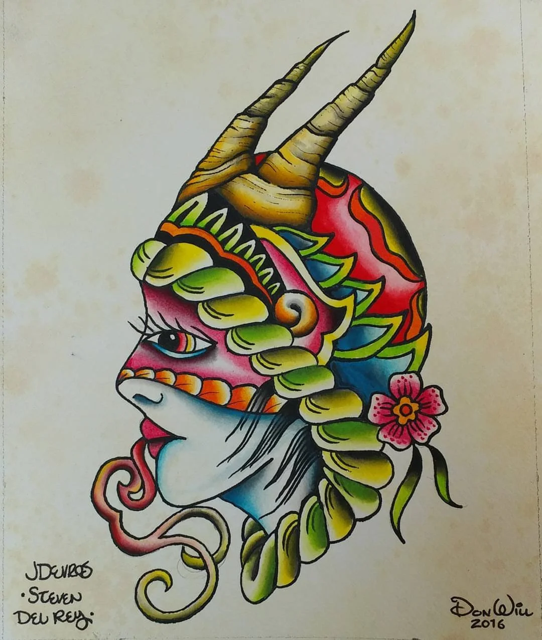 Watercolor painting of a woman demon head inspired by the tattoo flash by American Traditional tattooer Amund Dietzel