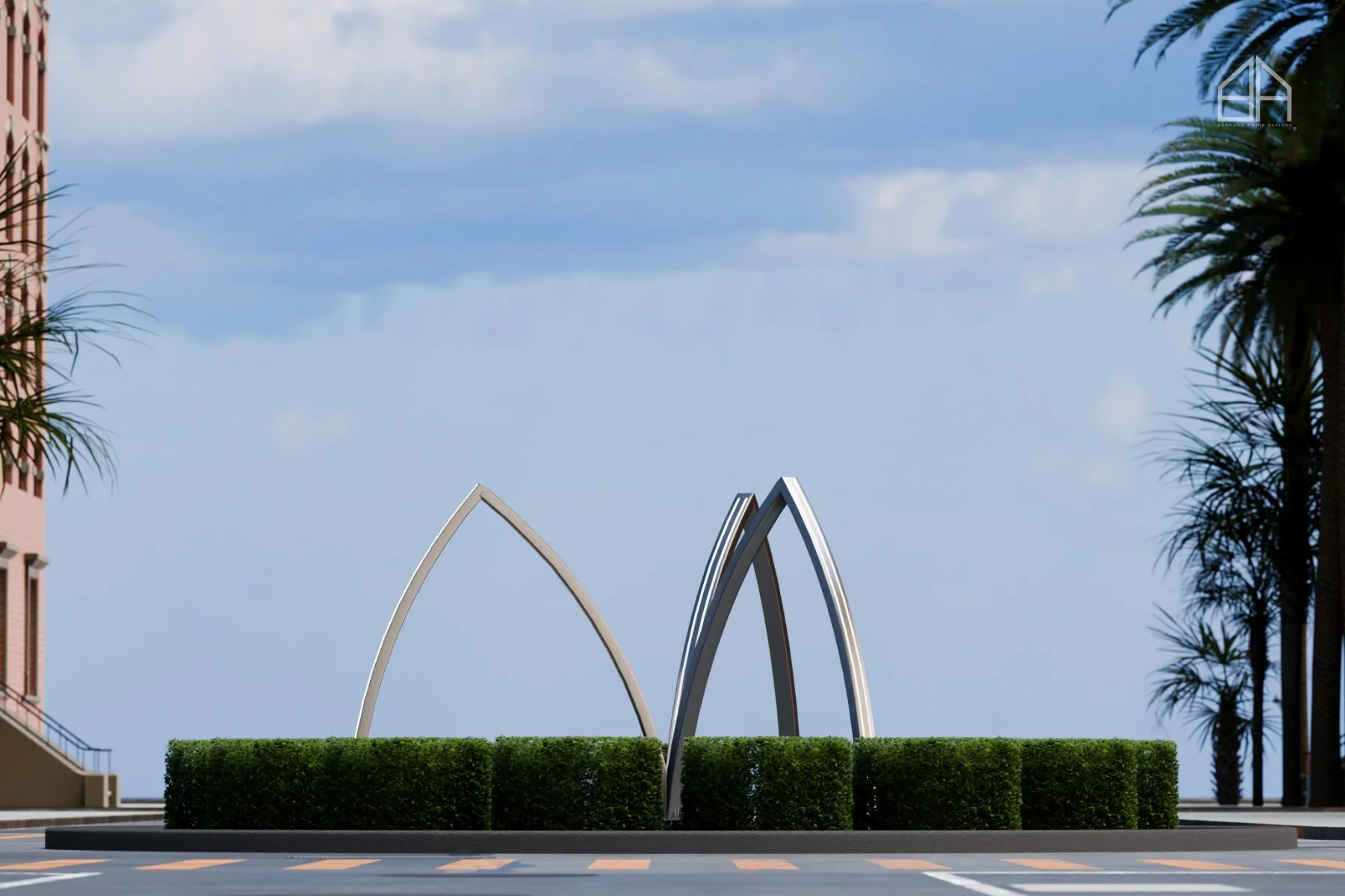 Modern architectural sculptures with a curved arch design placed on a hedge in an urban setting, with palm trees and a partly cloudy sky in the background.