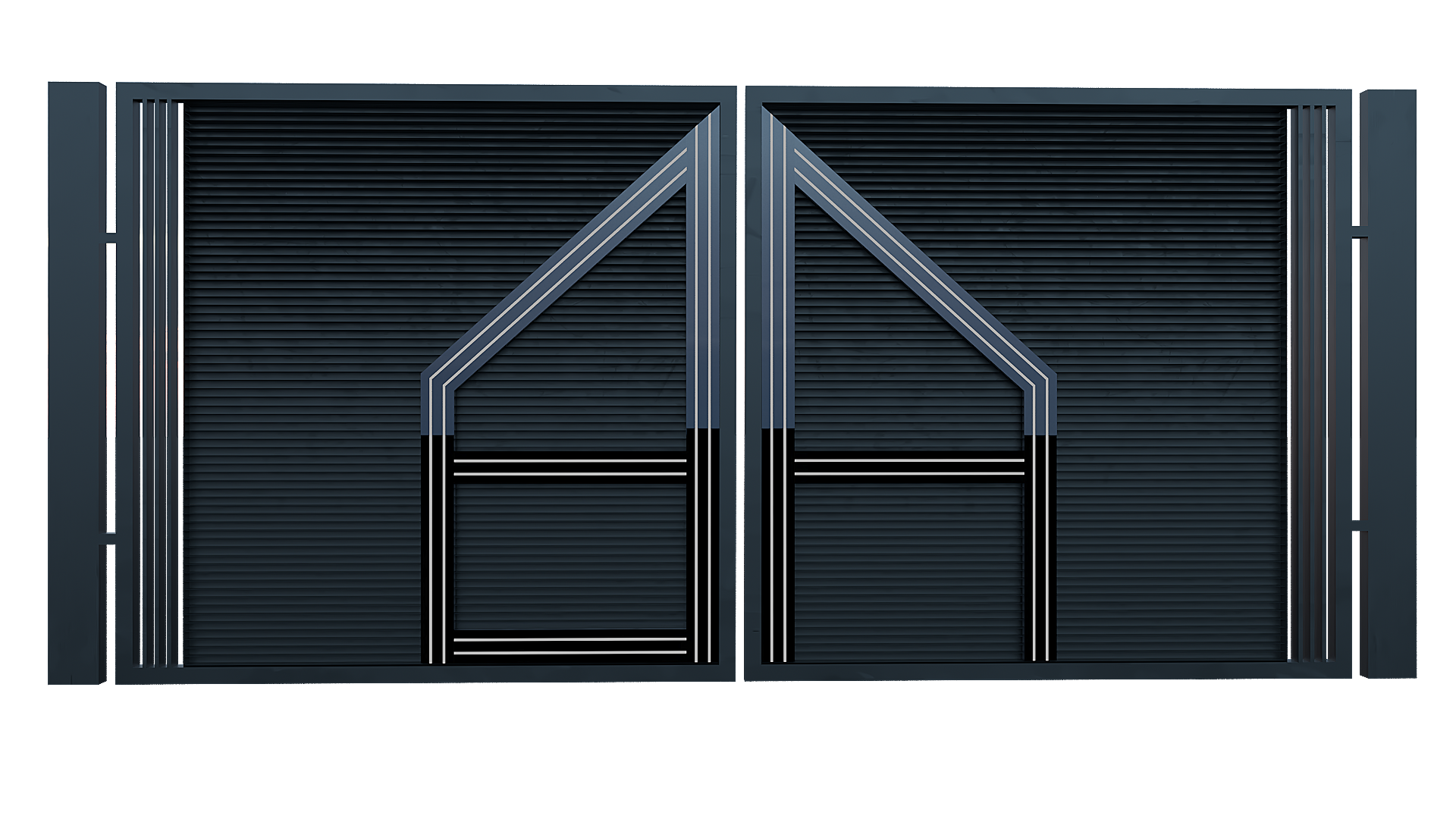 A modern black metal gate with geometric patterns and horizontal lines, set against a cloudy sky.