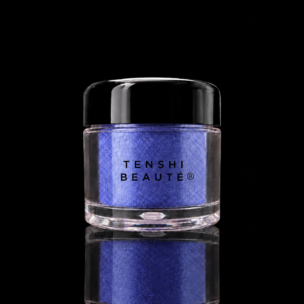 Tenshi Beauté Indigo Soie indigo loose pigment in a clear pot with a glossy black lid and centred black logo