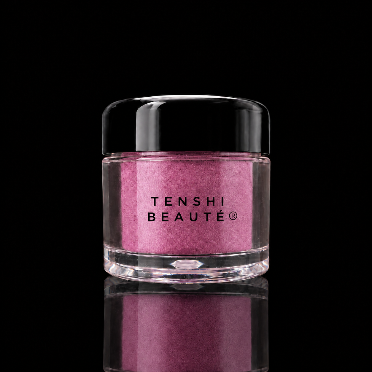 Tenshi Beauté Kyoto Mauve loose pigment in a clear pot with a glossy black lid and centred black logo.