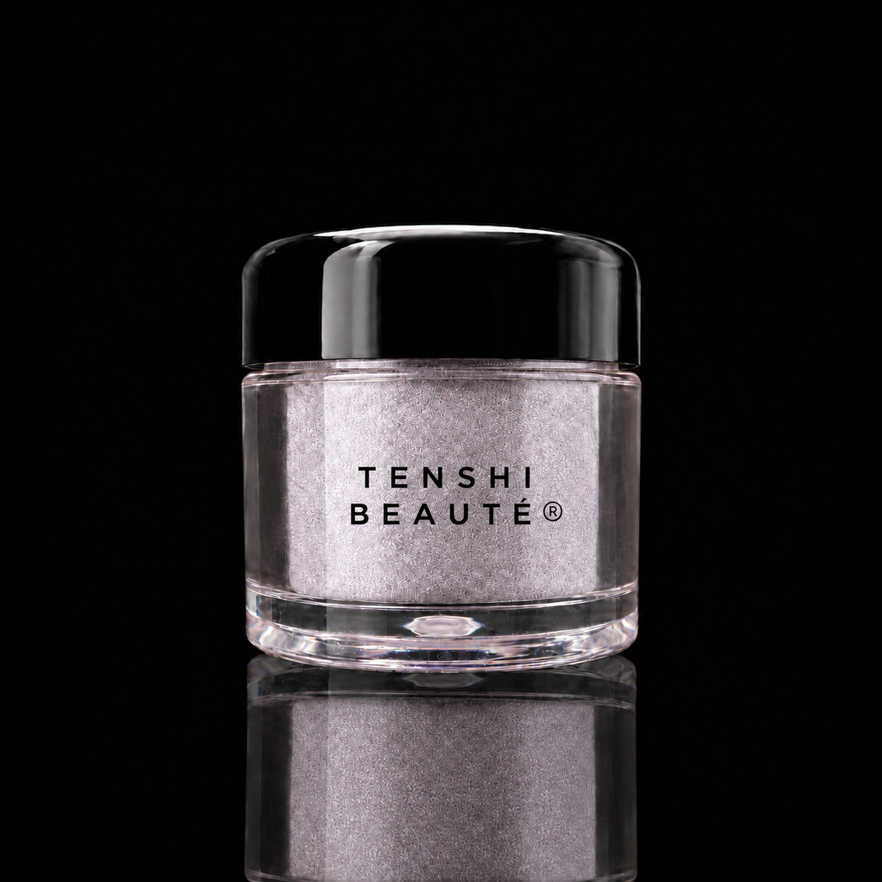 Tenshi Beauté Argent Voilé silver loose pigment in a clear pot with a glossy black lid and centred black logo.