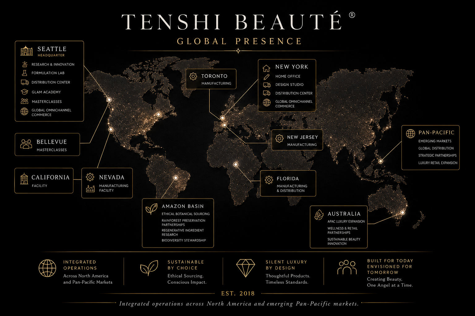 World map showing the global presence of Tenshi Beauté with marked locations in Seattle, Bellevue, California, Nevada, Amazon Basin, Toronto, New York, New Jersey, Florida, Australia, and the Pan-Pacific region. Each location includes details about specific operations or facilities.