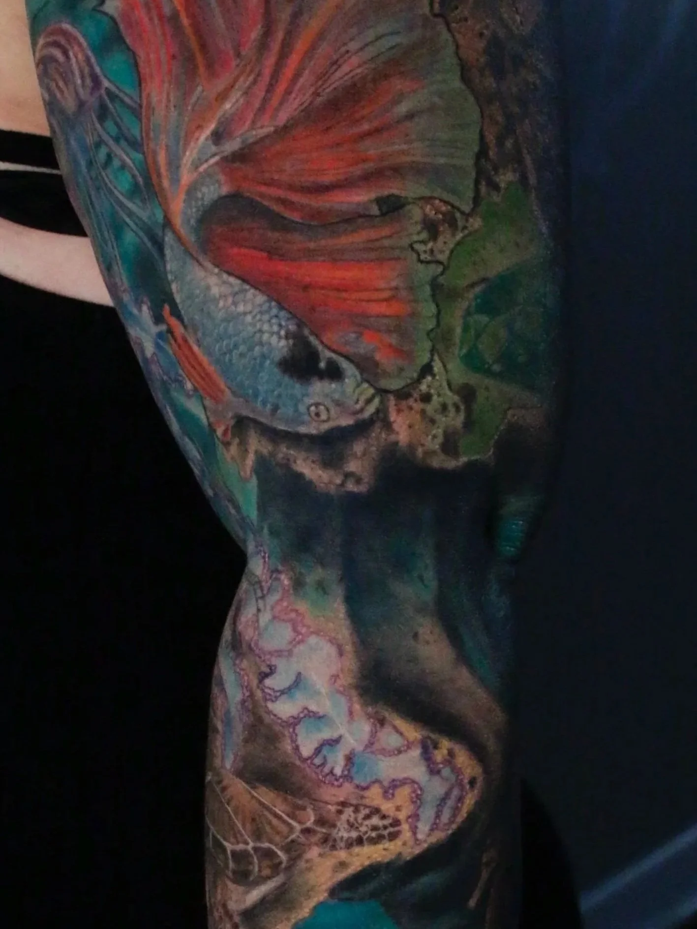  Underwater ocean scene and sleeve by Daniel Stewart at Signature Rose Professional Tattooing in Muncie Indiana.