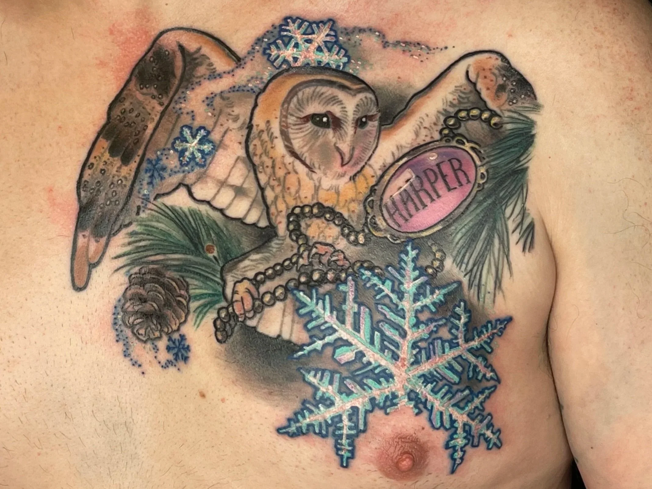 Neotraditional color barn owl on a chest. Tattoo art by Daniel Stewart at Signature Rose Professional Tattooing in Muncie Indiana.