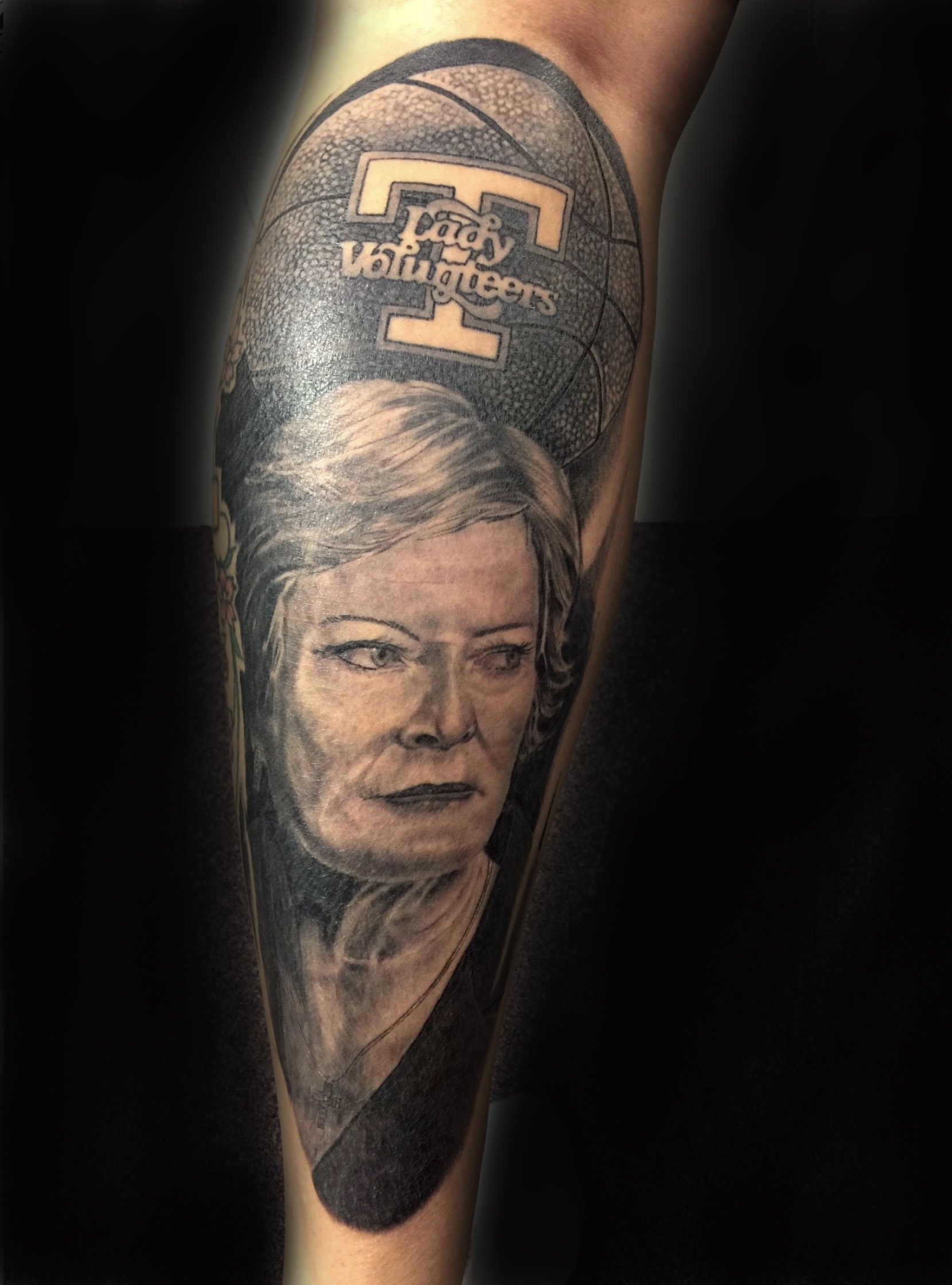 Black and grey portrait tattoo of basketball coach Pat Summit, done by Daniel Stewart at Signature Rose Professional Tattooing in Muncie Indiana.
