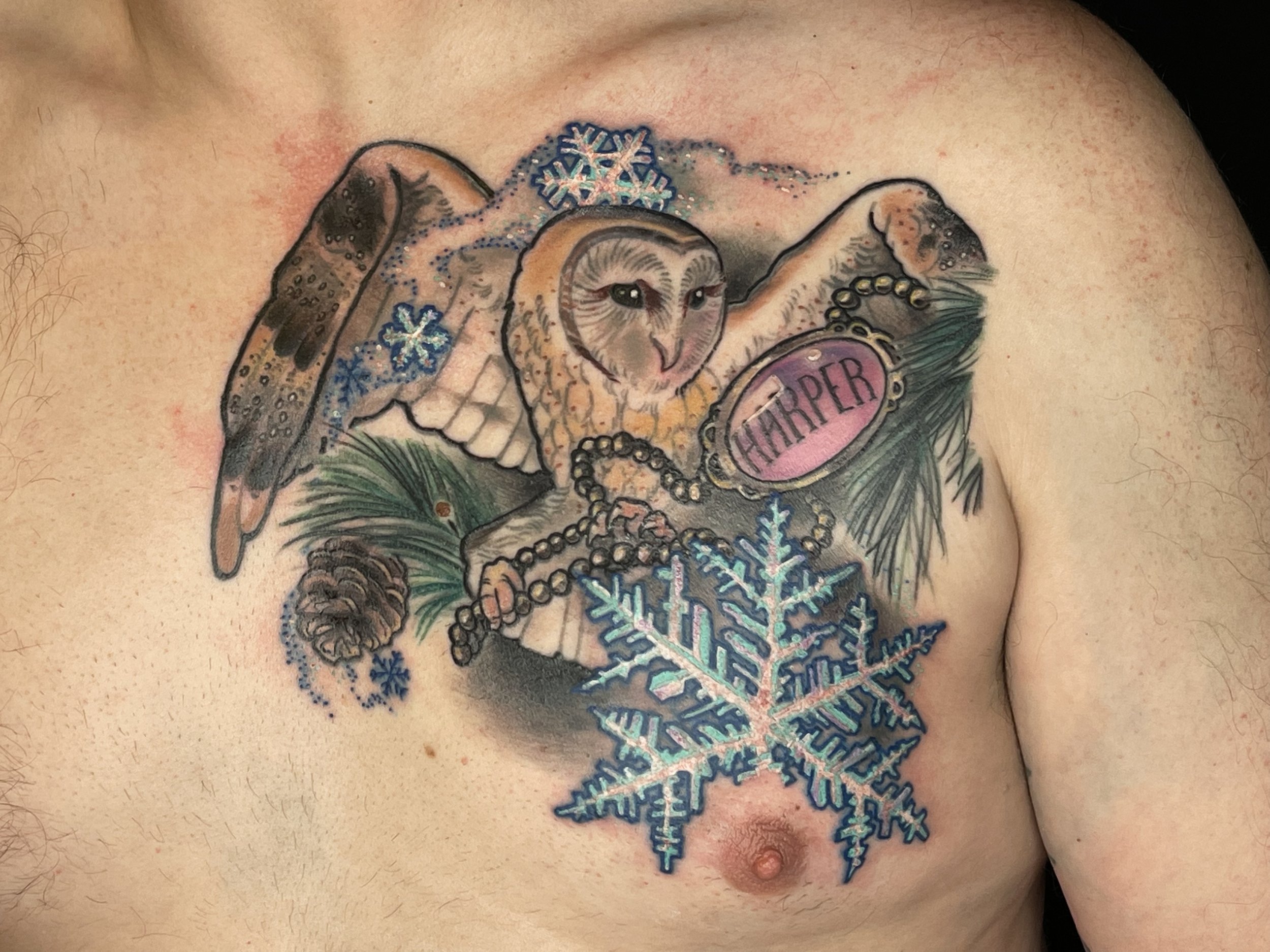 Neotraditional color barn owl on a chest. Tattoo art by Daniel Stewart at Signature Rose Professional Tattooing in Muncie Indiana.