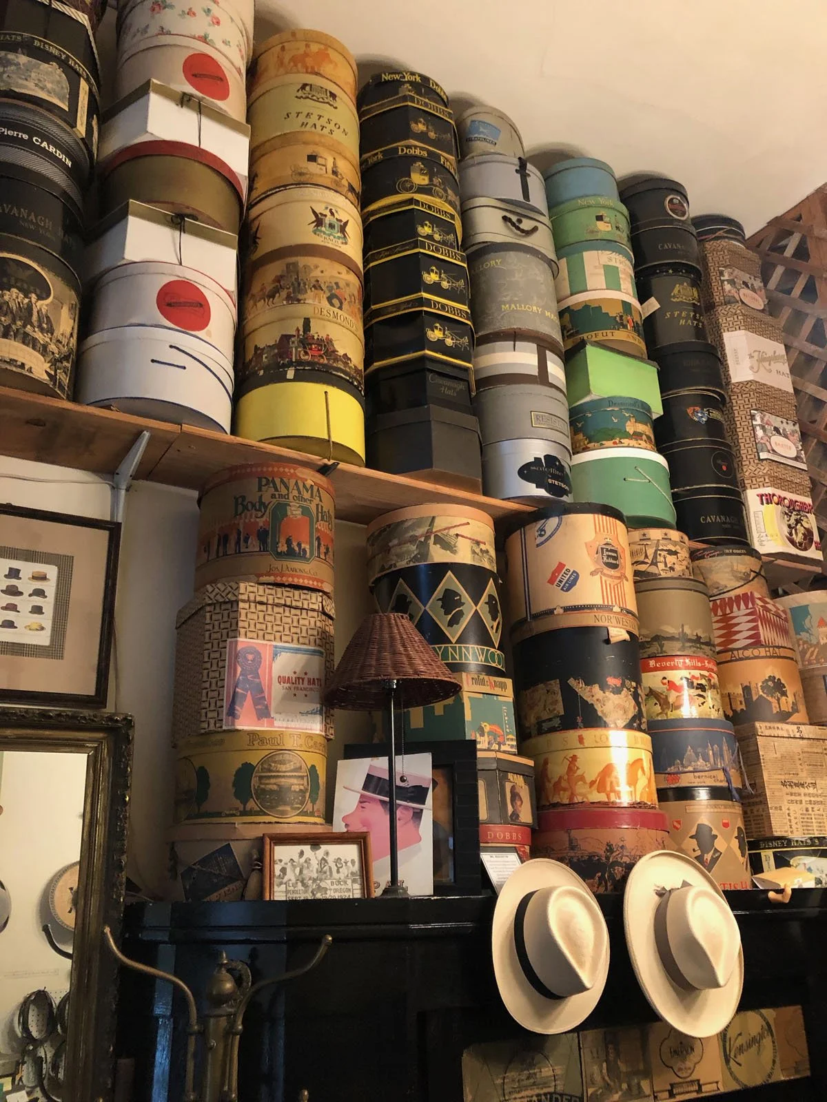 Wherever I Lay My Hat: Old hatbox collection at Paul's Hat Works, started in 1918.