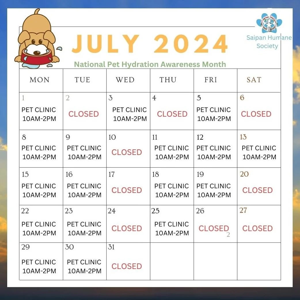 📅🐾 July Monthly Clinic Schedule! 🐾📅

July is National Pet Hydration Awareness Month! 💦🐶🐱 Keep your furry friends hydrated and healthy this summer!

🕙 General Hours:

Monday: 10am - 2pm
Tuesday: 10am - 2pm
Thursday: 10am - 2pm
Friday: 10am - 2