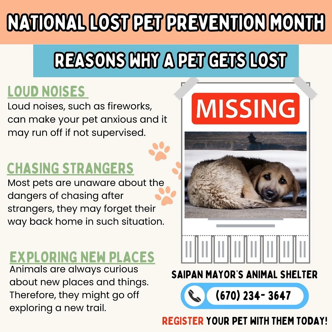 July is National Lost Pet Prevention Month! 🐾

Let&rsquo;s keep our furry friends safe by updating their ID tags, securing our homes and yards, and always using a leash on walks. If your pet goes missing, be sure to check with Saipan Mayor&rsquo;s A
