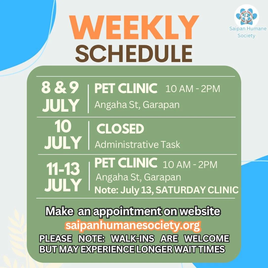 🏡 This week&rsquo;s clinic schedule! 🐾 :

📅 July 8-9 (Mon-Tue): Open 10am-2pm at our new location on Angaha St, Garapan.
🚪 July 10 (Wed): Closed for administrative work.
📅 July 11-13 (Thu-Sat): Open 10am-2pm at Angaha St, Garapan. We&rsquo;re ex