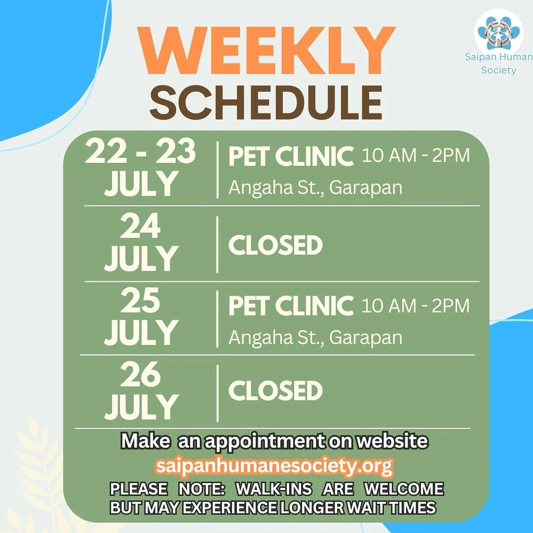 🏡 This week&rsquo;s clinic schedule! 🐾 :

📅 July 22-23 (Mon-Tue): Open 10am-2pm at our new location on Angaha St, Garapan.
🚪 July 24 (Wed): CLOSED
📅 July 25 (Thur) Open 10am-2pm at Angaha St, Garapan.
🚪 July 26 (Fri): CLOSED

Please make an app