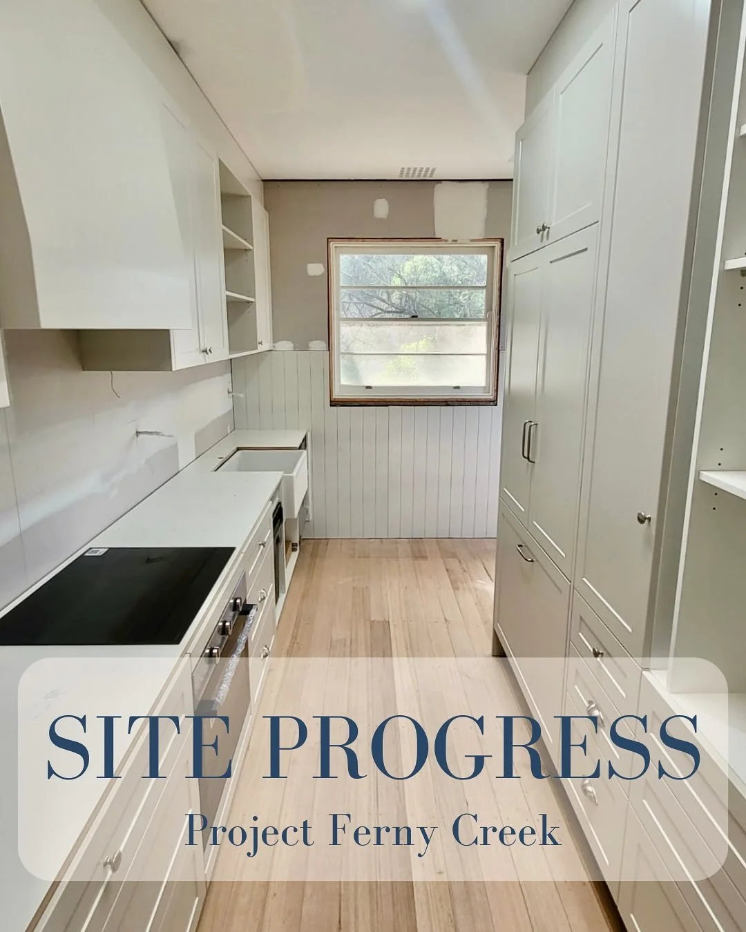 Progress in Ferny Creek ✨ We&rsquo;re transforming this galley kitchen into a bright white cottage-style space, featuring classic shaker doors and elegant Regency wall panelling.
As the designers, we&rsquo;ve worked closely with the builder, cabinet 