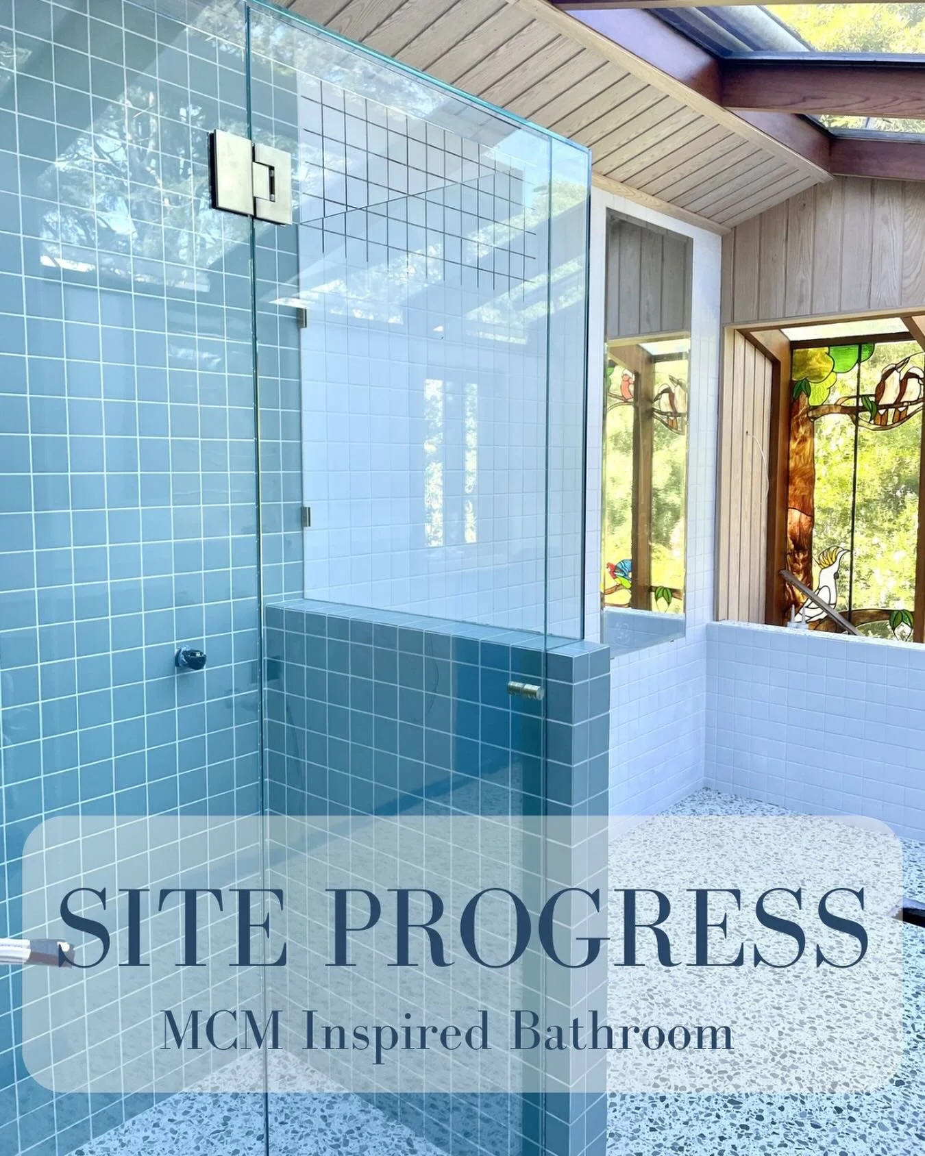 Site progress on this MCM-inspired bathroom, where cool blue-green tones, square tiling and terrazzo-look floors come together to create a calm, layered space. Designed with each family member in mind, balancing privacy, light and connection to the o