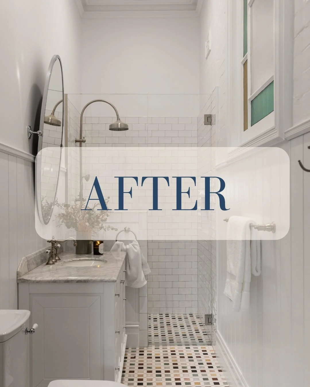 What was once a closed-off laundry is now a bright and timeless bathroom with a classic feel.
By relocating the internal doorway, the layout was completely reimagined to create a space that feels lighter, more open, and better connected to the home. 