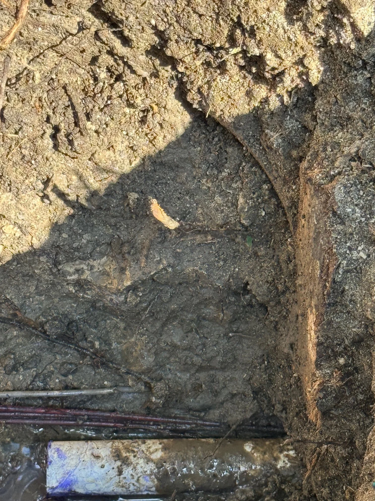Close-up of a construction or excavation site showing dark soil, dirt, and some pipes or cables at the bottom.
