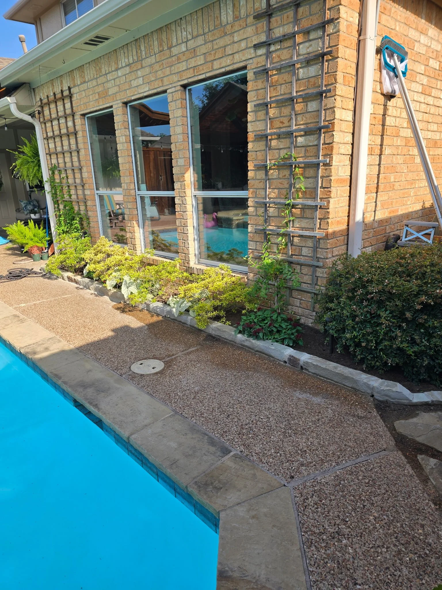 The image shows the exterior of a house with a brick wall and large windows. There is a swimming pool in the foreground with a textured concrete and tile pool deck. Some plants and greenery are along the edge of the house, and there are ladders and g
