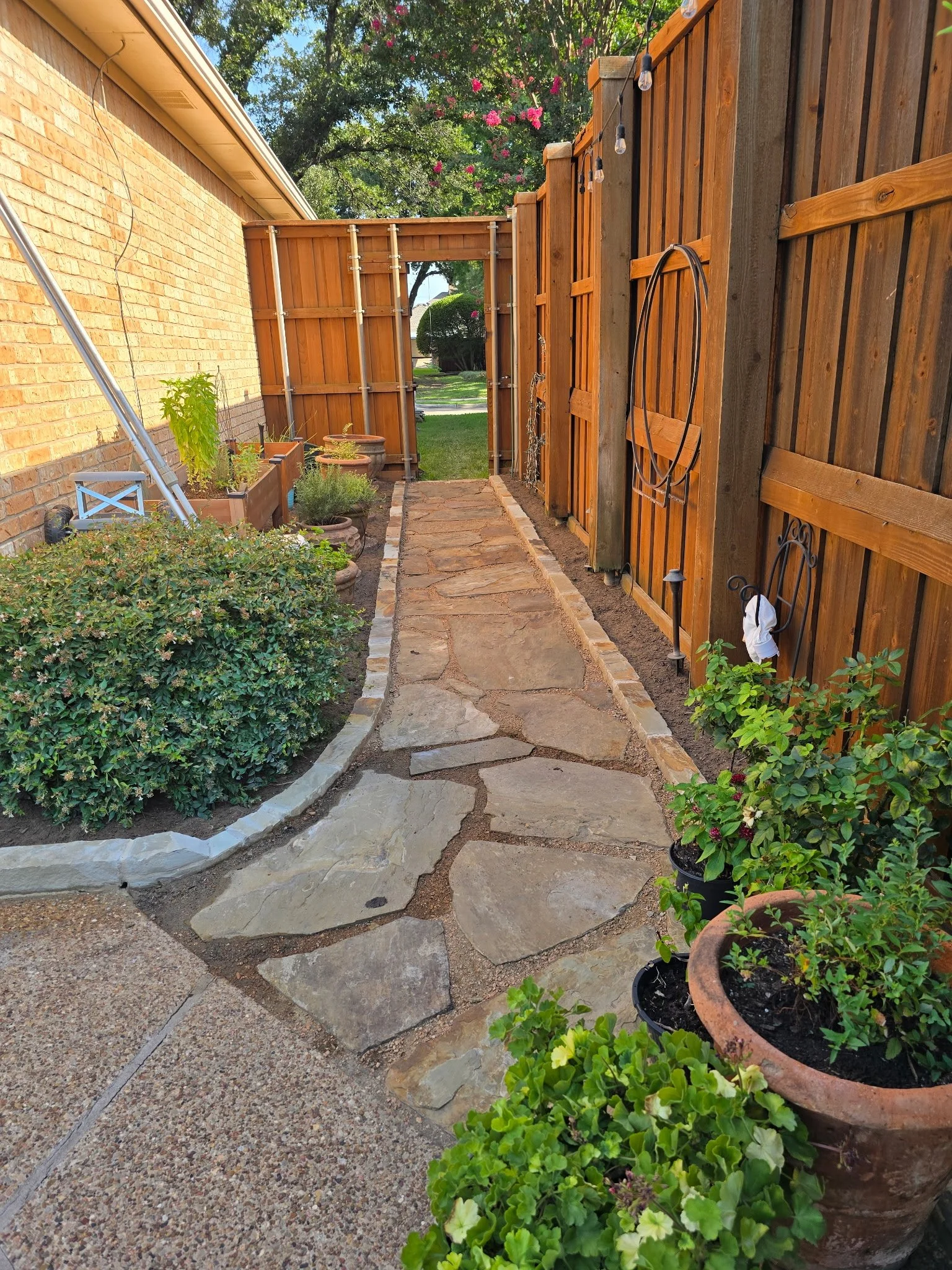 A small backyard garden with a stone pathway, potted plants, a wooden fence, and a brick house wall. There are string lights hanging on the fence and a large tree in the background.