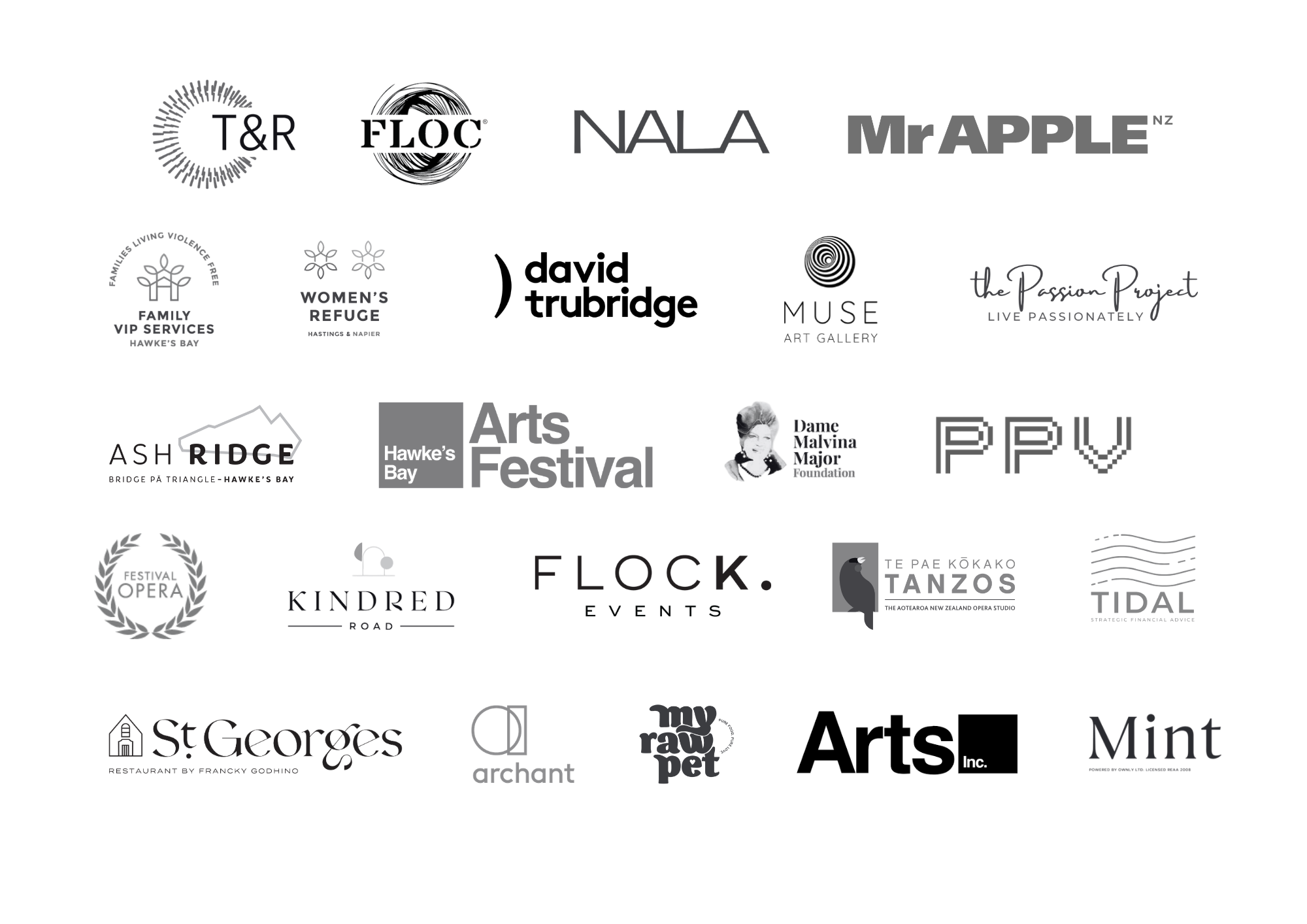 Collection of various logos of organizations and businesses in monochrome, including T&R, FLOC, NALA, MrMAPPLE, Family VIP Services, Women's Refuge, David Trubridge, Muse Art Gallery, The Passion Project, Ash Ridge, Hawke's Bay Arts Festival, Dame Malvina Major Foundation, PPV, Festival Opera, Kindred Road, Flock Events, Tanzas, Tidal, St. Georges, Archant, My Raw Pet, Arts Inc., and Mint.
