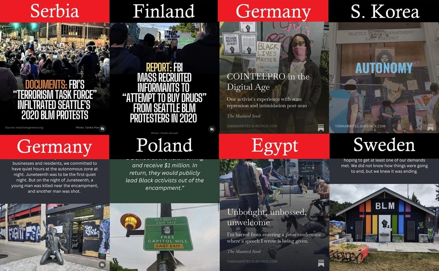 Grid of eight Instagram posts shows they were highly viewed in Serbia, Finland, German, S. Korea, Poland, Egypt, and Sweden.