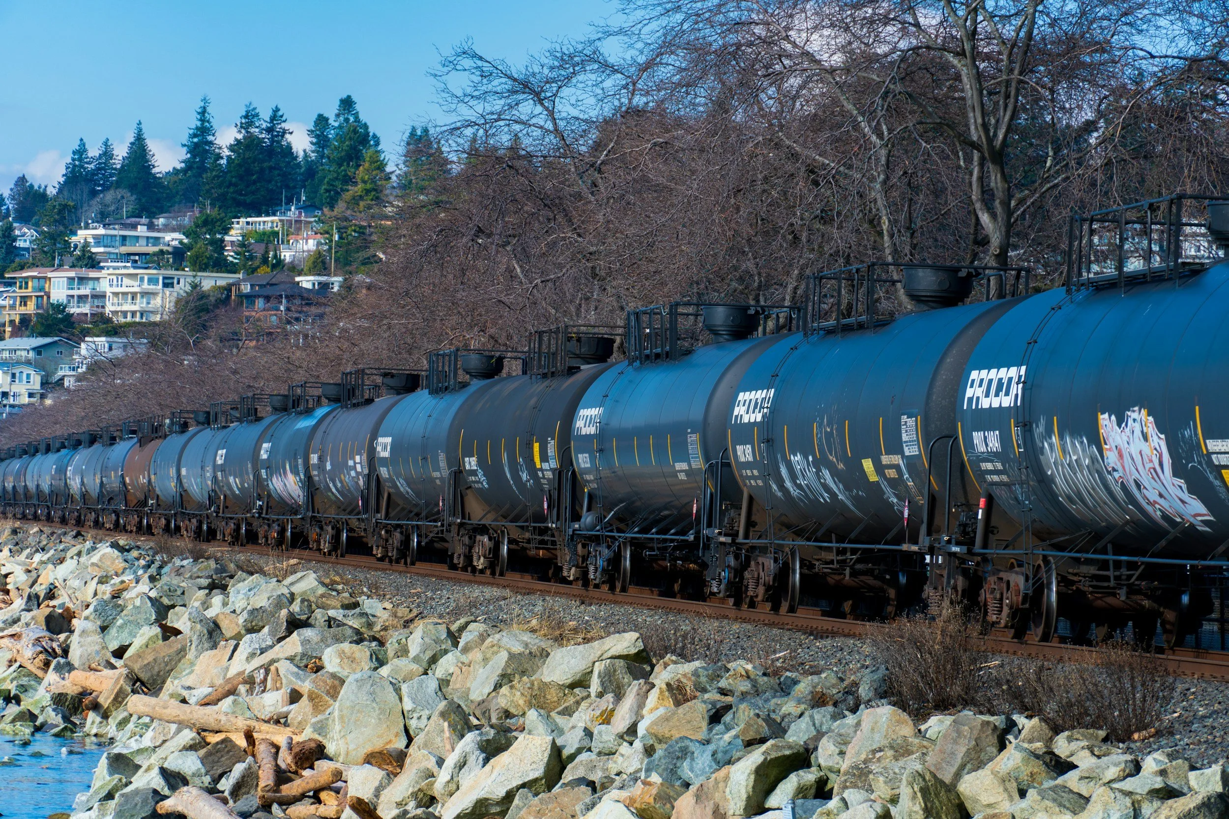 A train carrying cylindrical black train cars rests on a rail line near a rocky waterfront. Trees and houses are in the background. Photo Howei Wang
