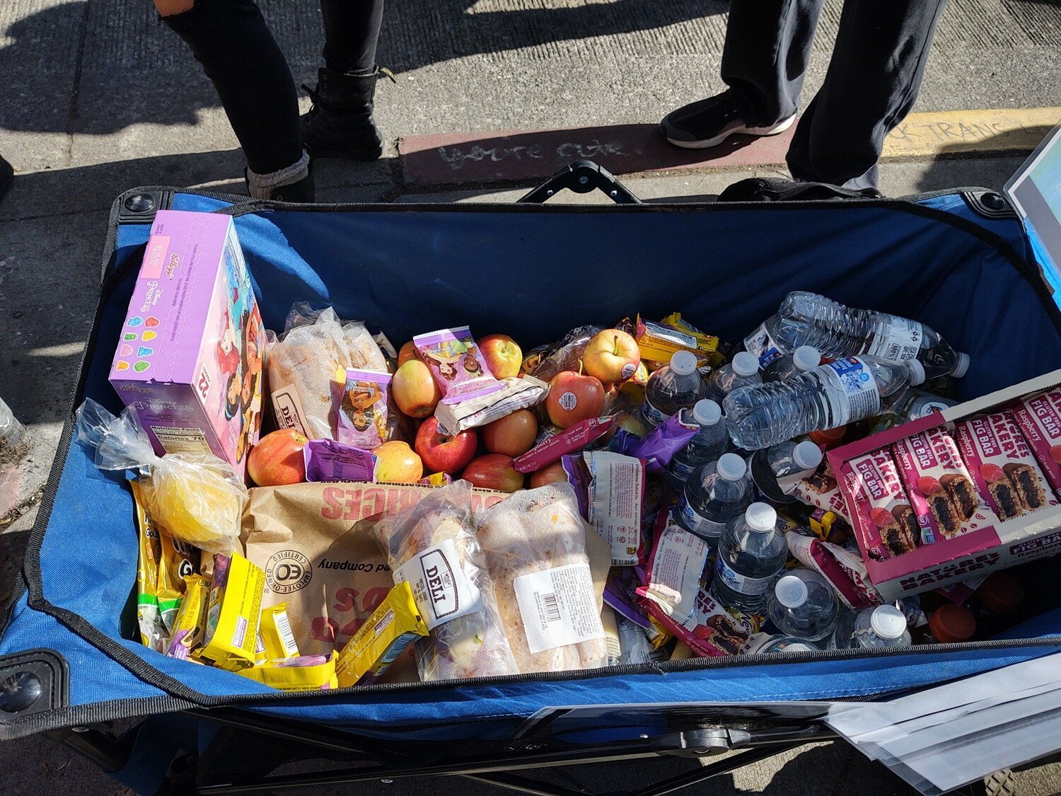 Deli sandwiches, apples, fig bars, bottles of water, gummy bears, and more are collected in a blue cloth wagon.