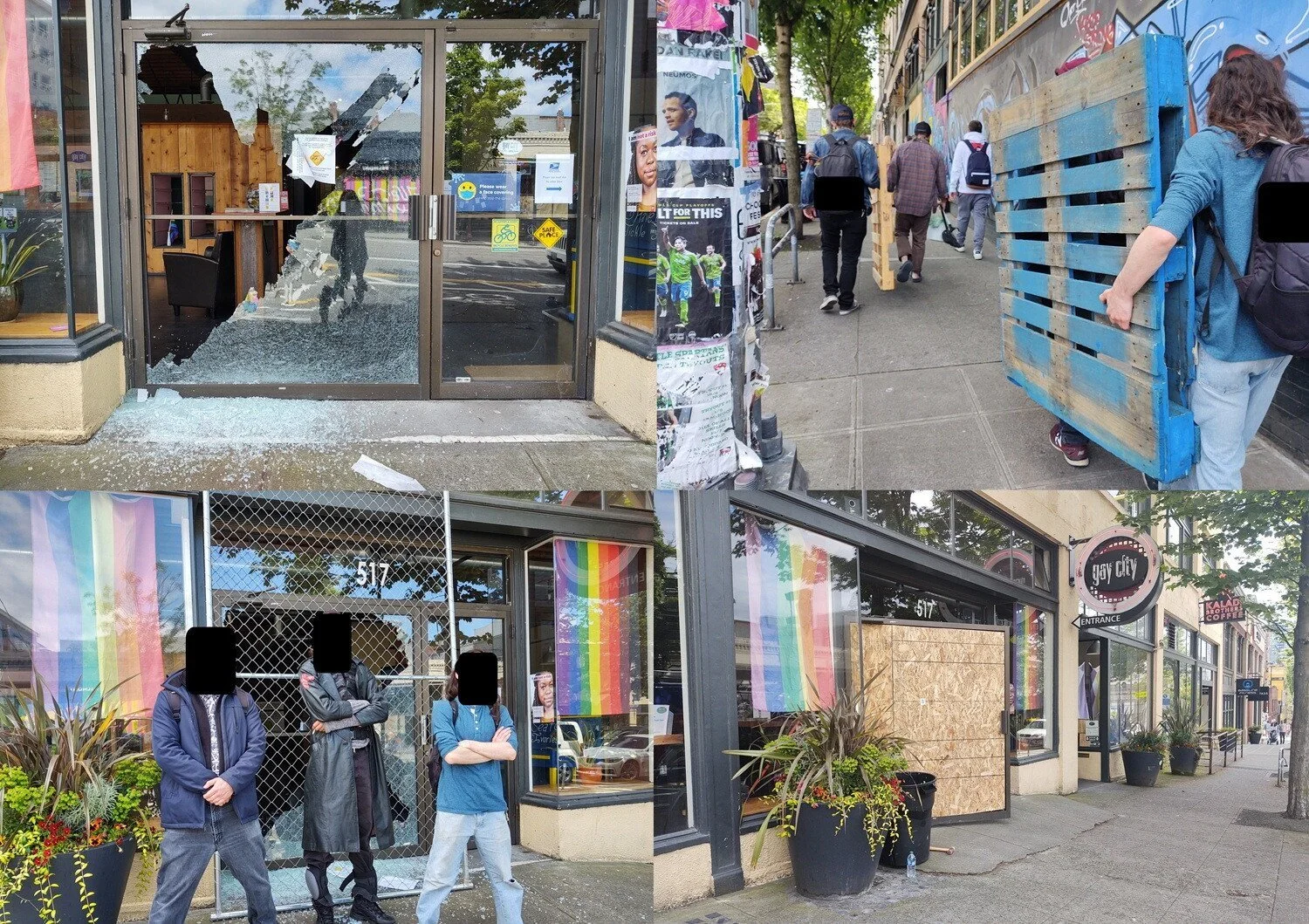 Collage shows a broken door, people carrying pallets, protesters standing in front of the door, and a boarded door.