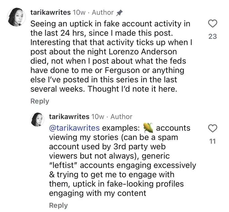 Insagram comment: "Seeing an uptick of fake account activity in the last 24 hrs, since I made this post."