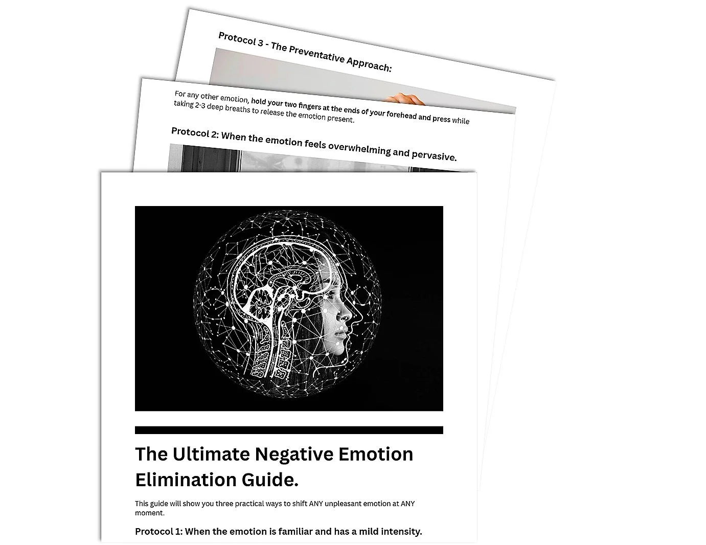 A digital cover image with a human profile inside a spherical outline, connected by lines and nodes, representing the brain and neural network, used as a cover for a guide titled "The Ultimate Negative Emotion Elimination Guide".