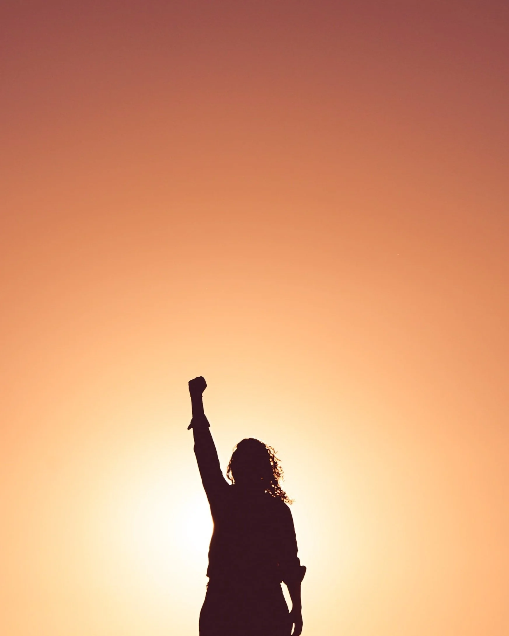 Silhouette of a woman with curly hair raising her fist against a sunset sky with orange and pink hues.