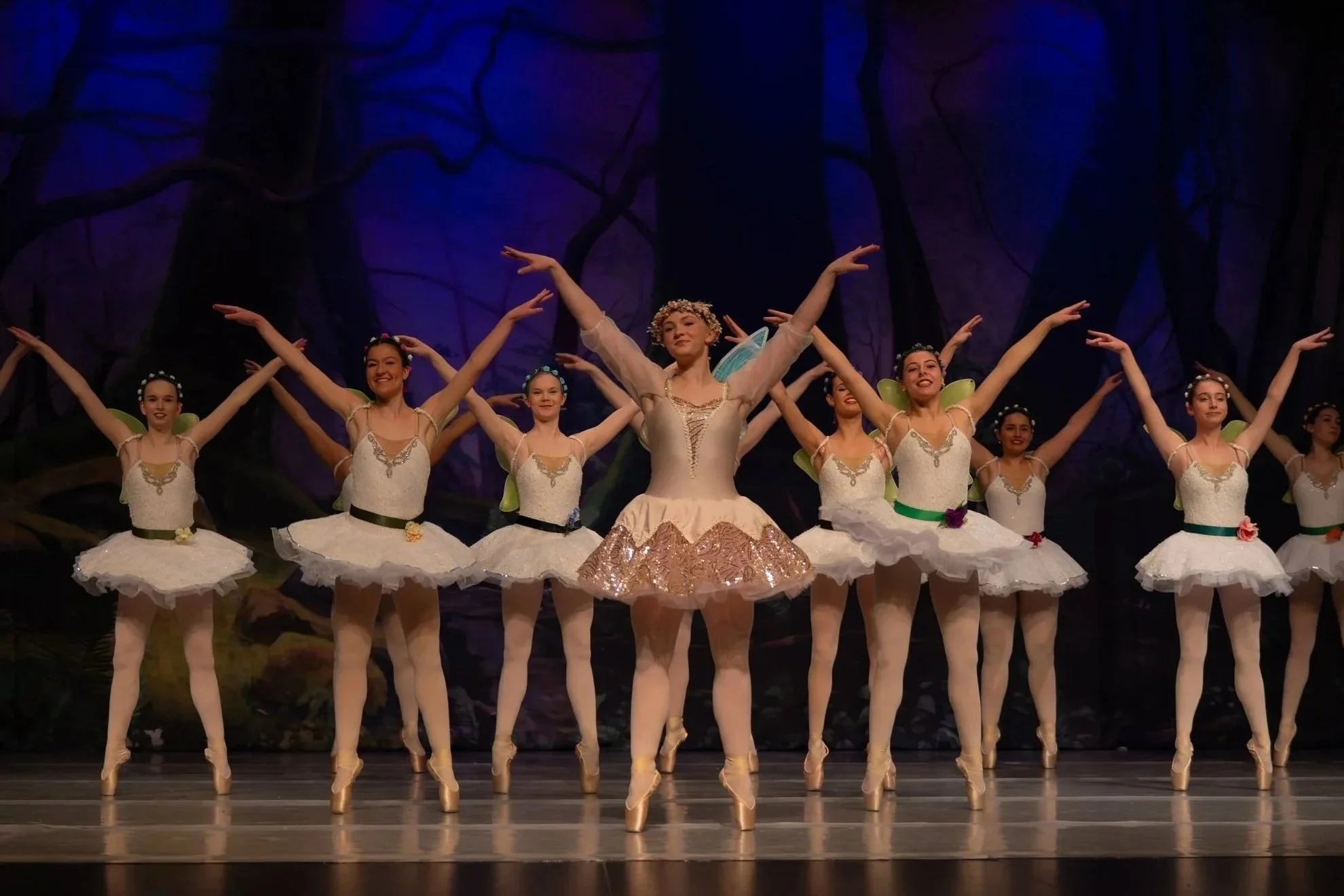 Group of ballerinas in tutus dancing on stage with a forest backdrop.