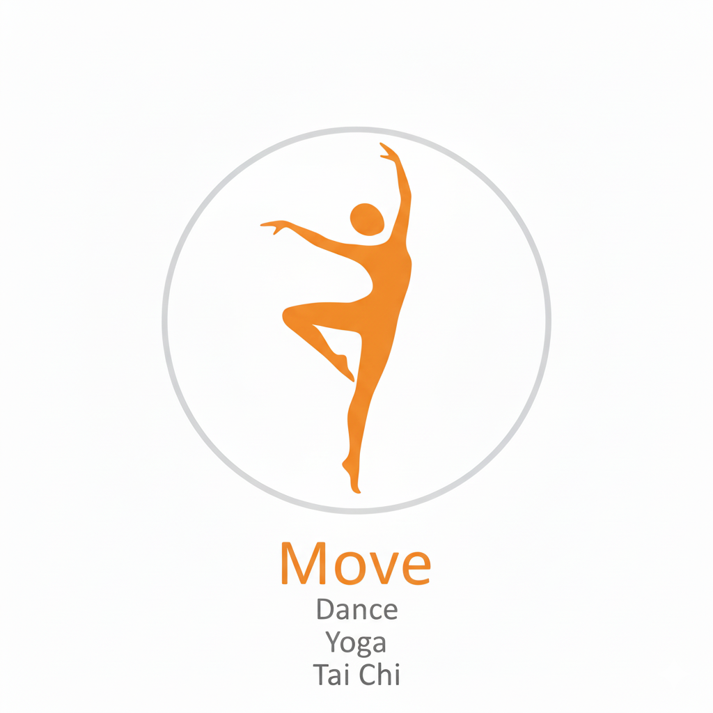 Dancing figure line art icon for Move Dance Yoga Tai Chi physical wellness classes.