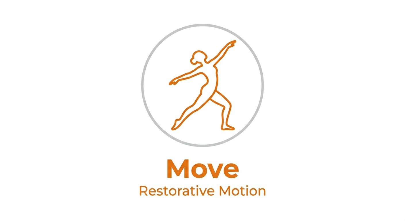 Orange line-art icon of a person stretching for restorative office yoga and movement wellness.