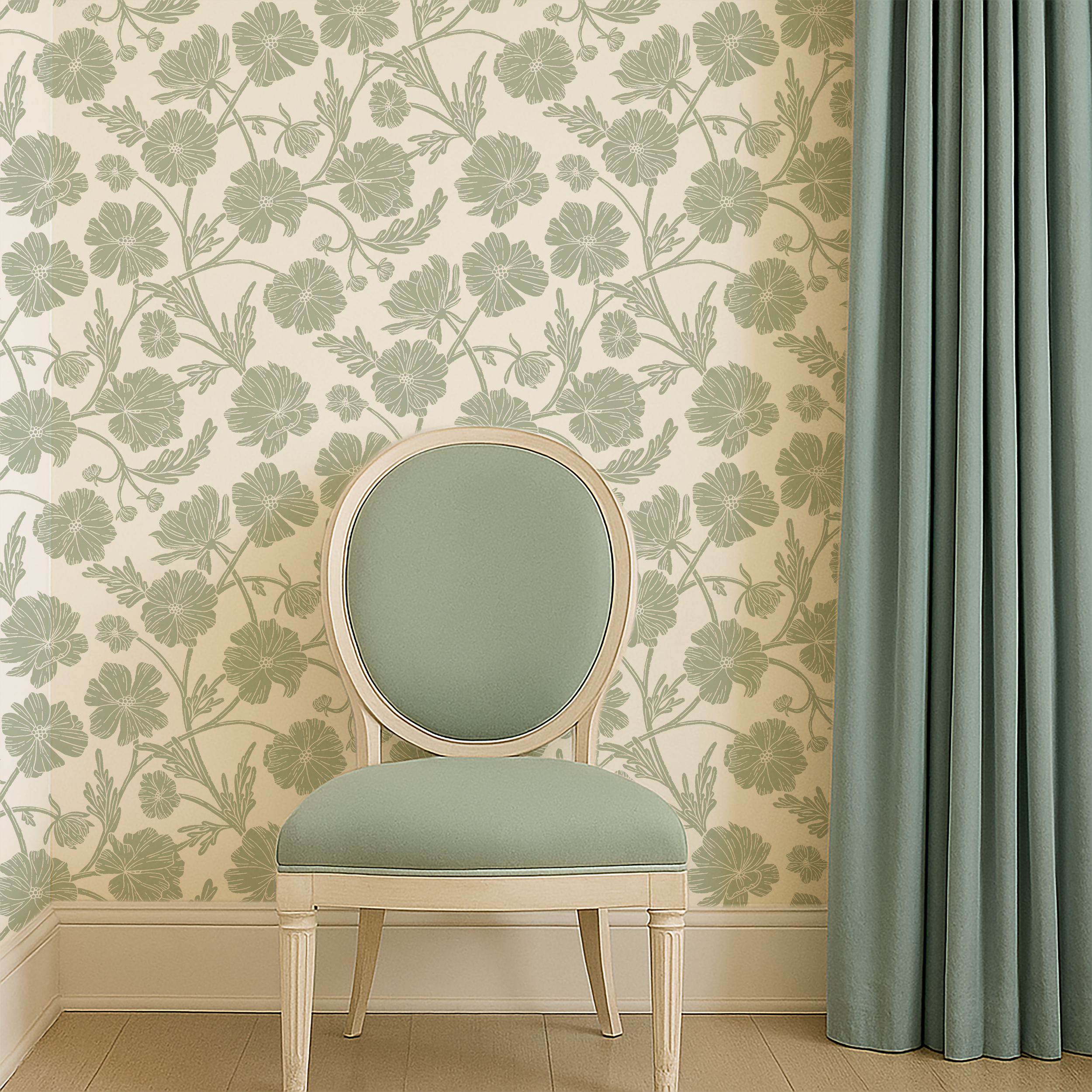 Chinoiserie style wallpaper in sage green