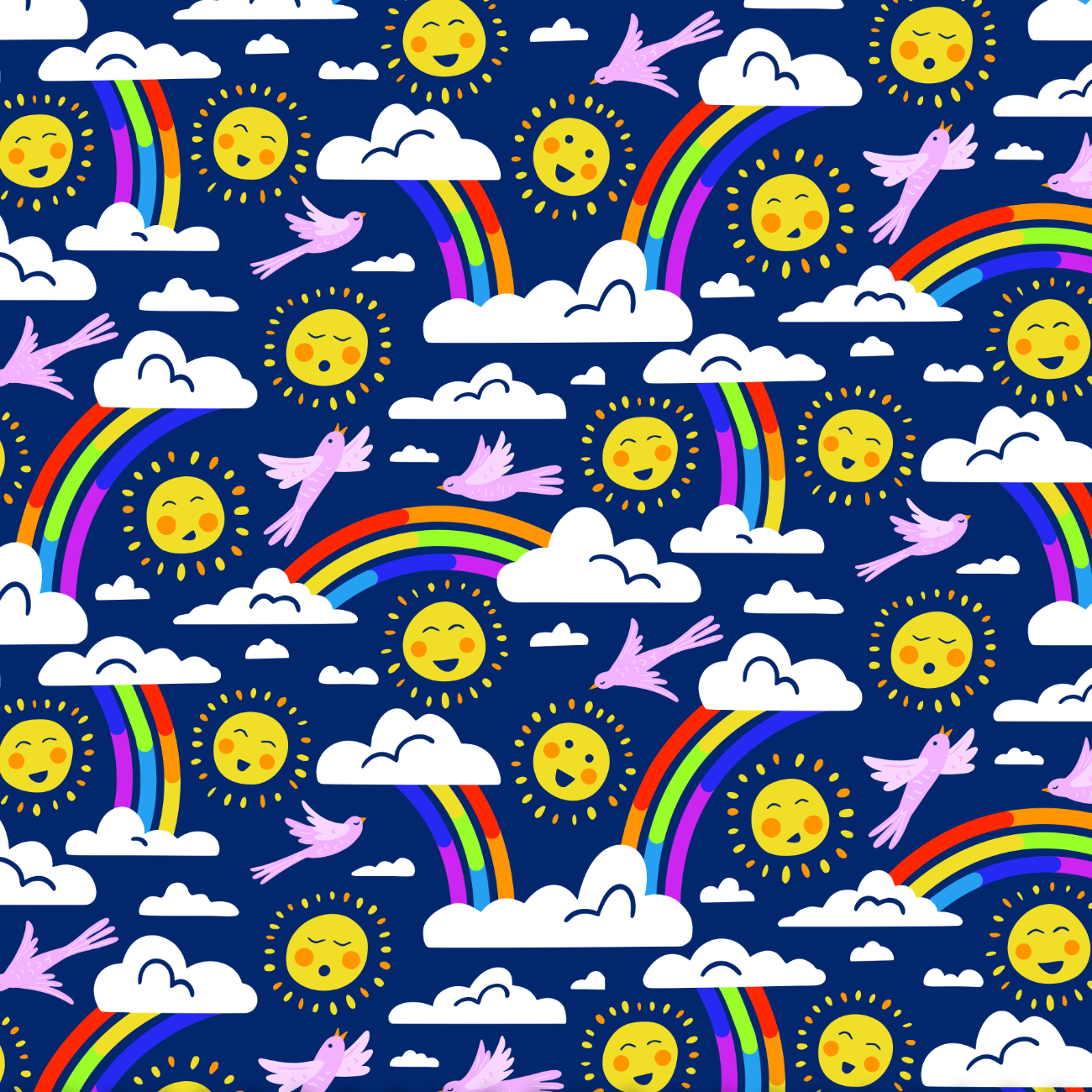 Rainbows, happy suns, pink birds and puffy clouds