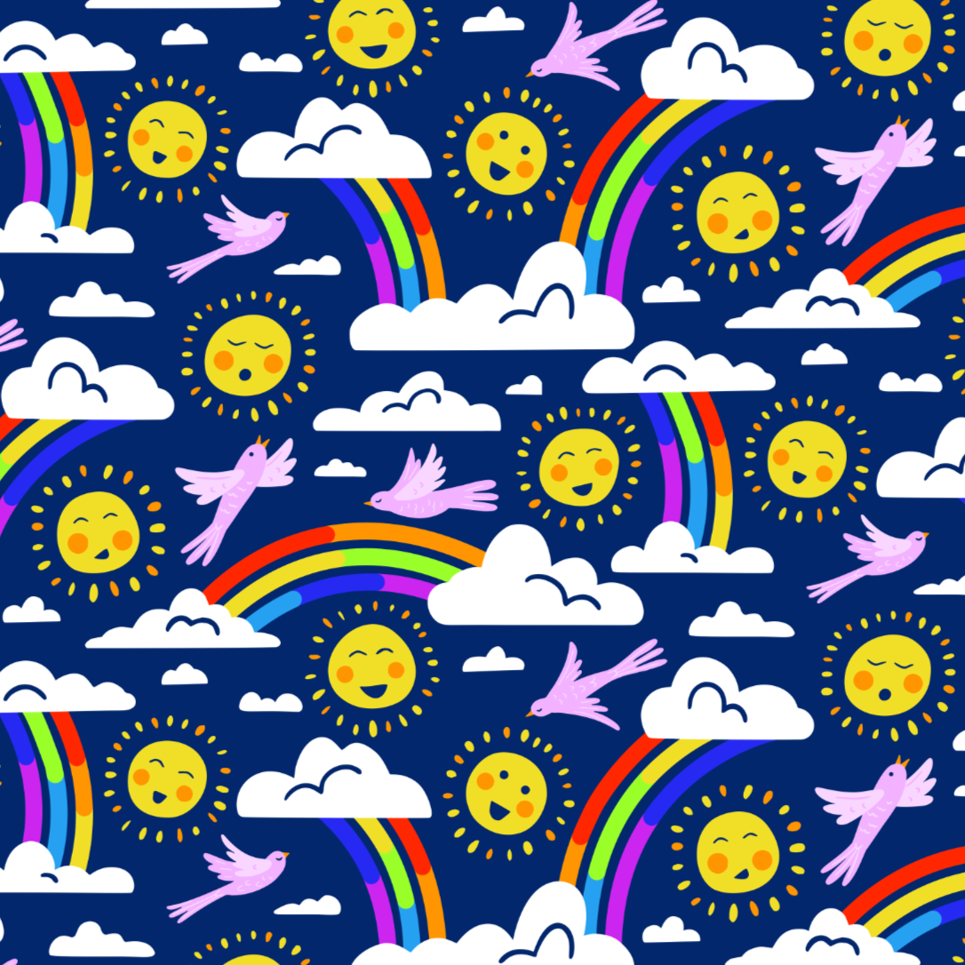 Rainbows, happy suns, pink birds and puffy clouds