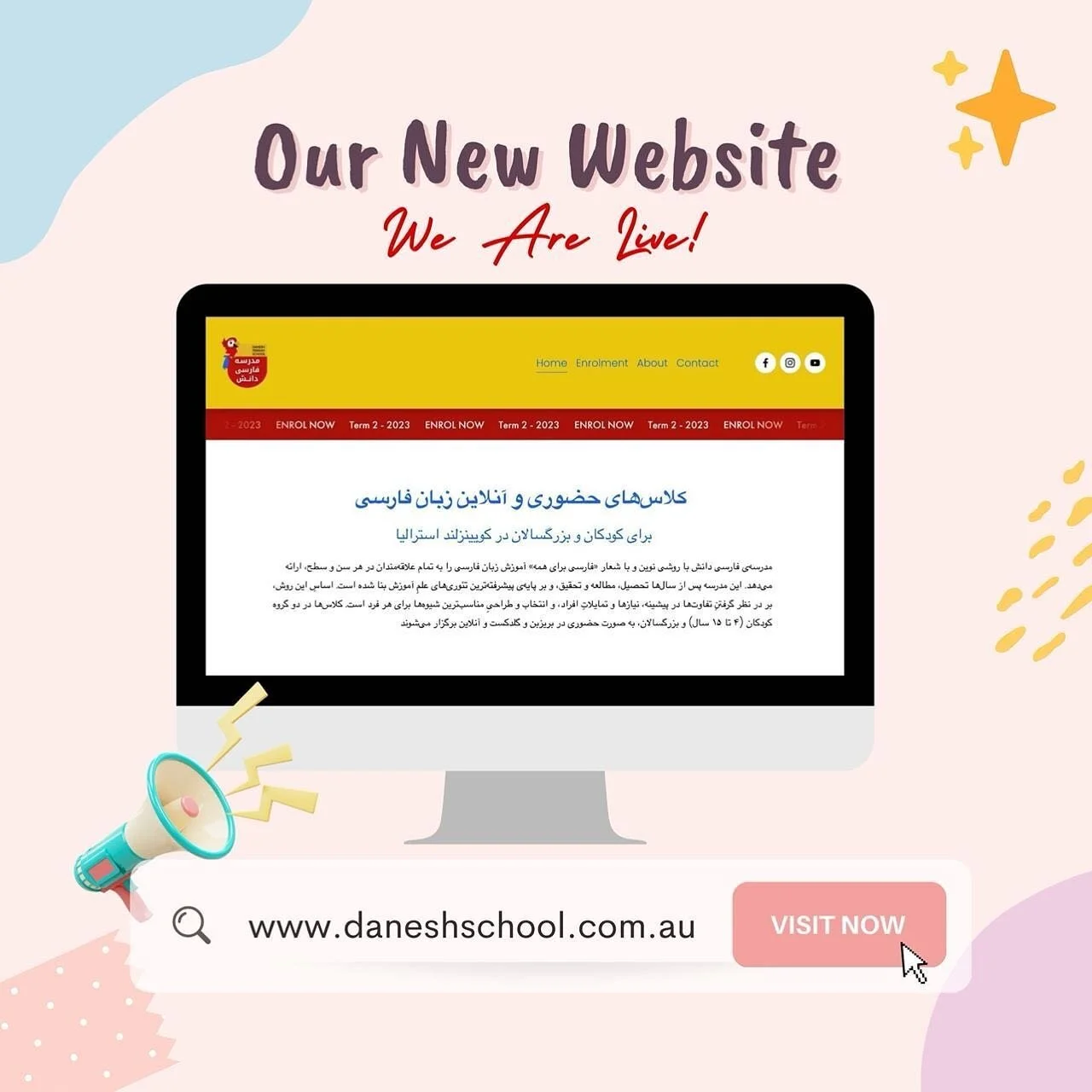 &bull;&bull;&bull;
🎉 خبر خوب اینکه وبسایت مدرسه فارسی دانش از امروز راه&zwnj;اندازی شد. 🎉

از این به بعد می&zwnj;تونید همه توضیحات کلاس&zwnj;ها و ساعت&zwnj;های موجود رو توی وبسایت ببینید و همونجا هم می&zwnj;تونید کلاس مورد علاقه&zwnj;تون رو بخرید و