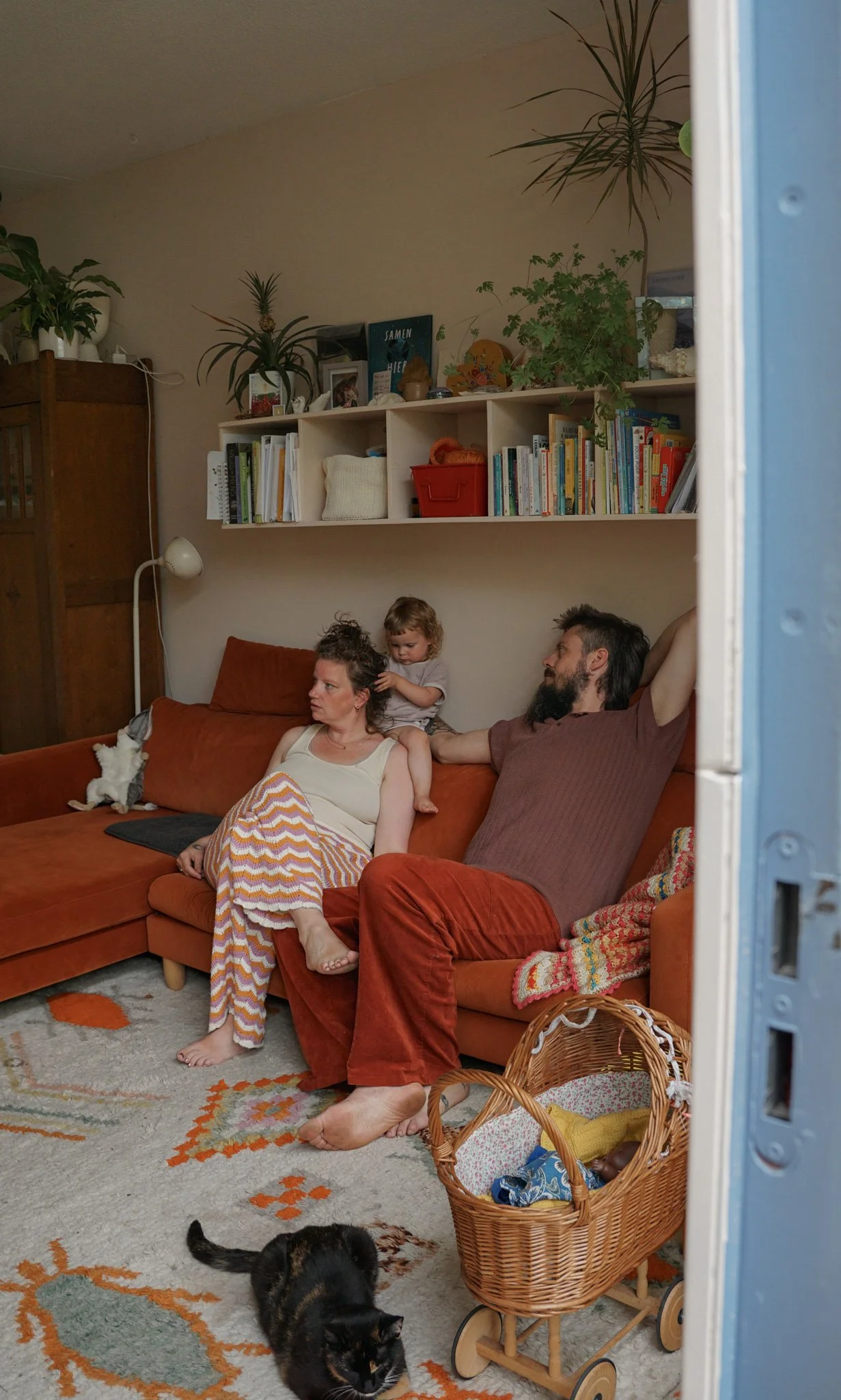 family at home in their cozy house