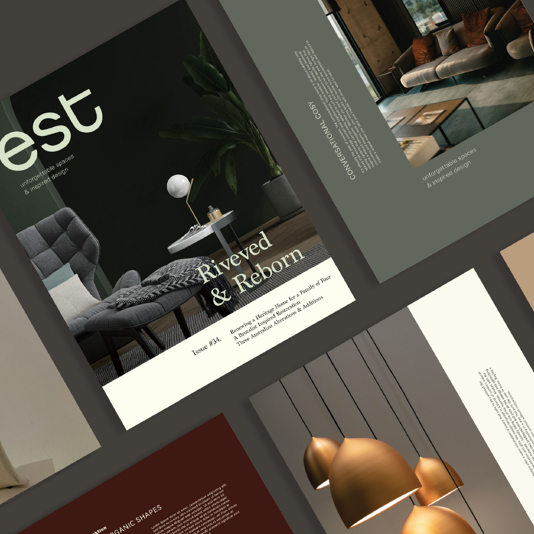 Multiple magazine pages featuring interior design, with images of modern furniture and decor in stylish living spaces.