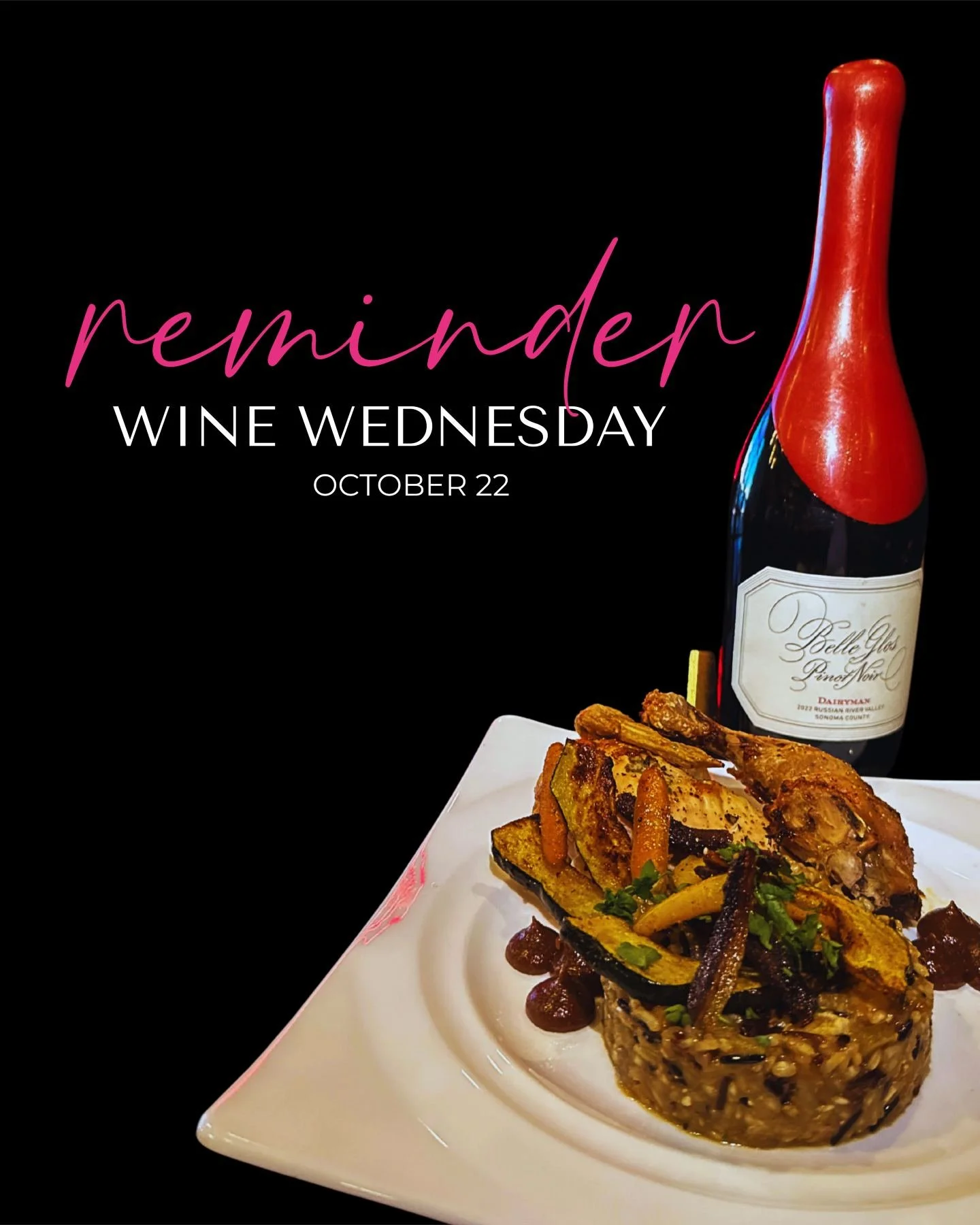 Just in case you missed it&hellip; Wine Wednesday is back this Wednesday, October 22!

We&rsquo;re talking:
 🍽 Roasted Cornish Hen with wild rice pilaf, rainbow roasted carrots + delicata squash, finished with housemade fig + port wine reduction.
🍷