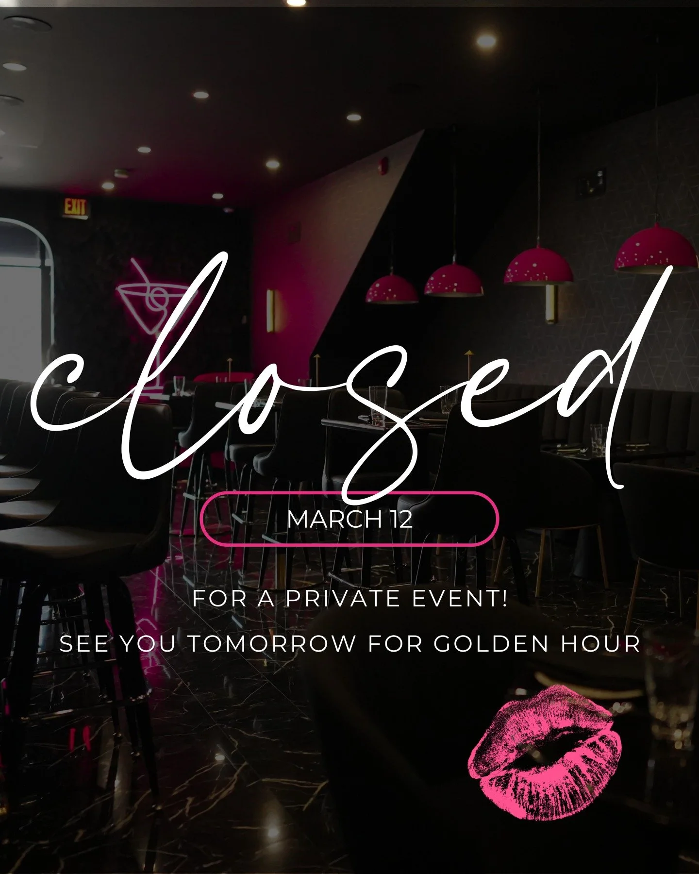 Closed March 12 ✨

We&rsquo;re hosting a private event tonight, so the doors are closed to the public&hellip; but only for a minute.

We&rsquo;ll see you tomorrow for Golden Hour from 5&ndash;8pm: mini martinis, $10 house vodka cocktails, caesar sala