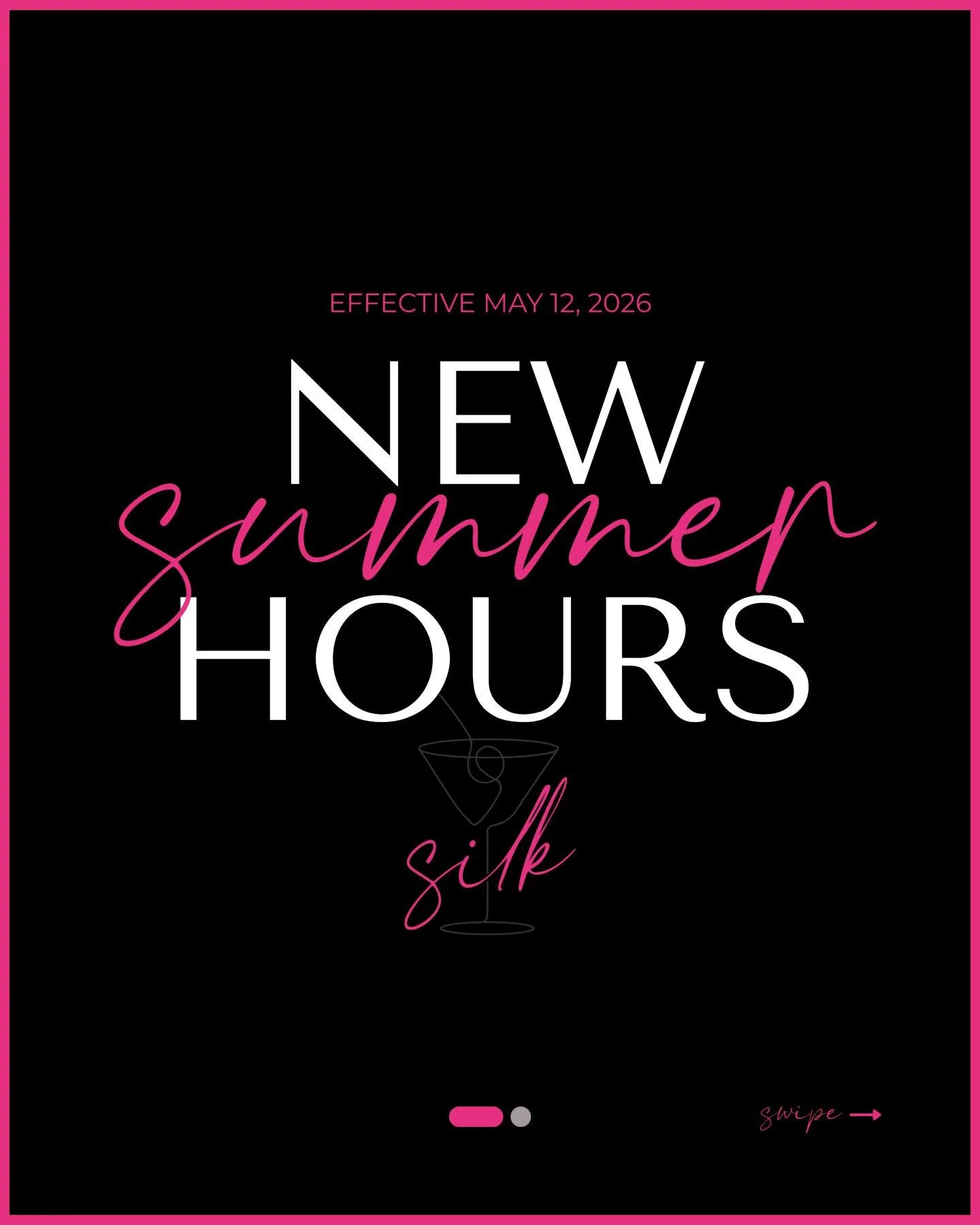 A new season calls for a new rhythm. 🖤

We've been paying attention. To you, to the energy in the room, to the nights that matter most. And we're shifting our hours to meet the moment.

Summer at Silk is going to be something special. Come find us w