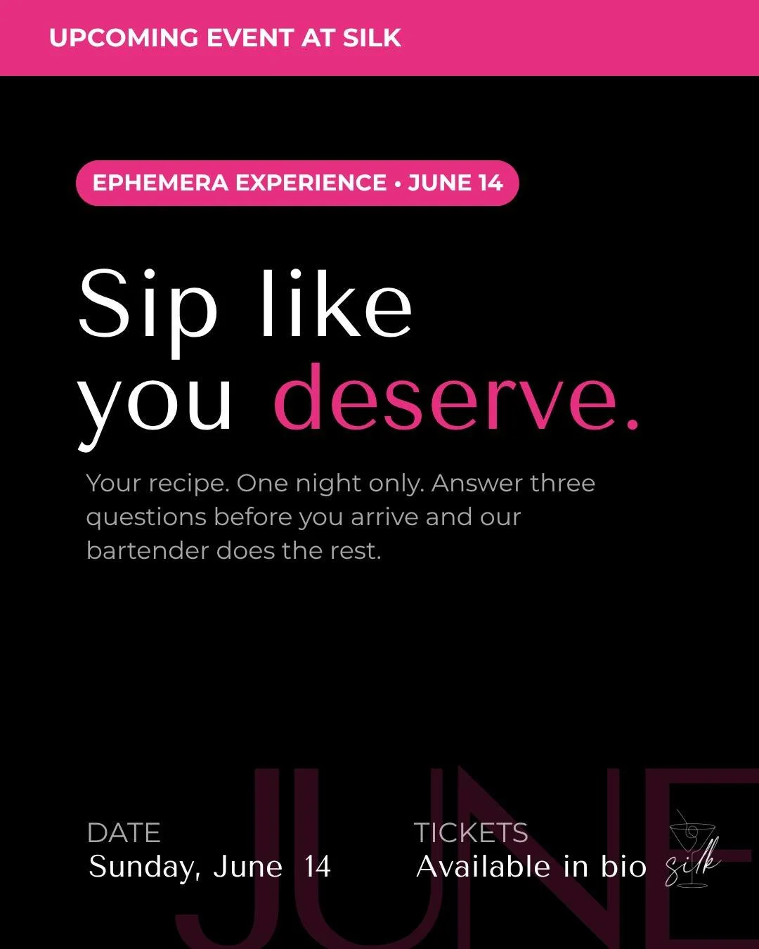 One night. Three questions. Your cocktail on our menu.

Join us for an intimate interactive cocktail experience built around your personal taste profile &mdash; featuring custom cocktails crafted live, curated bites, cocktail samples, and a crowd vot