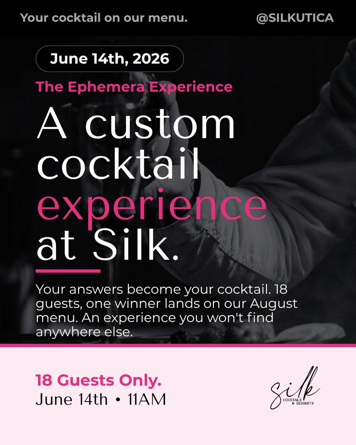 Your cocktail. Your questions. Your recipe. One night only. 

Answer three questions before you arrive and our bartender does the rest. She&rsquo;ll craft a cocktail that&rsquo;s entirely, unapologetically yours. 

Taste every creation, vote for your