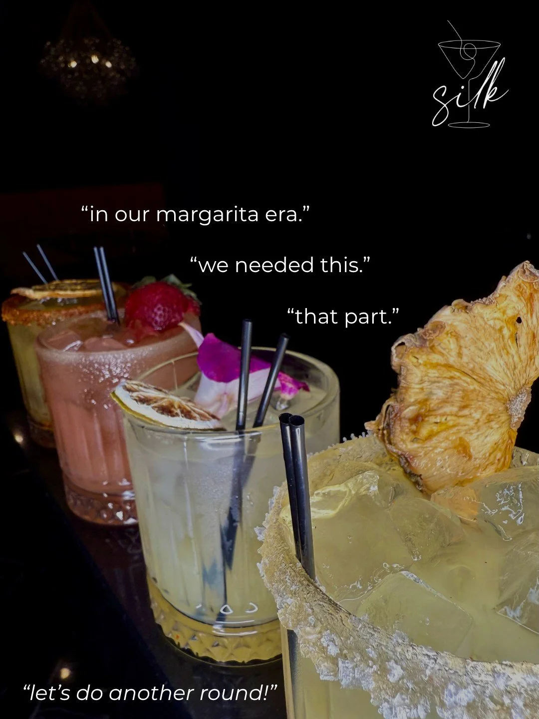 Two-for-one margaritas every Saturday at Silk? The girl math is mathing 

🍋&zwj;🟩➕🍍➕🥭➕🍓🟰🍸💗👯&zwj;♀️🎉

See us on Saturday for your next night out 🥂